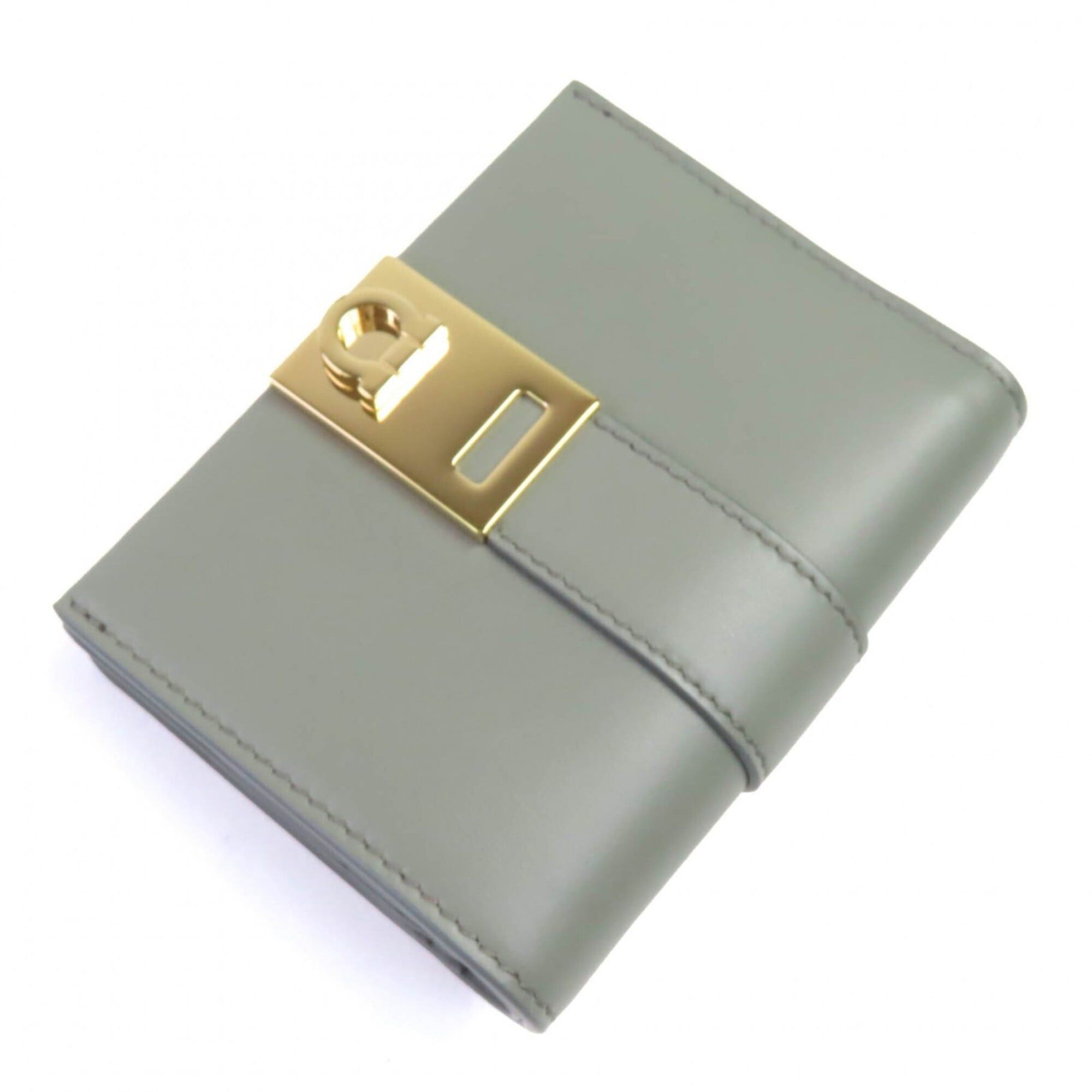 Salvatore Ferragamo Salvatore Ferragamo FERRAGAMO 0775288 Leather Compact Bi-fold Wallet with Gancini Hardware, Ash Gray, Gold Comes Box, Made in Italy, Women's Size ONE SIZE - 6 Thumbnail