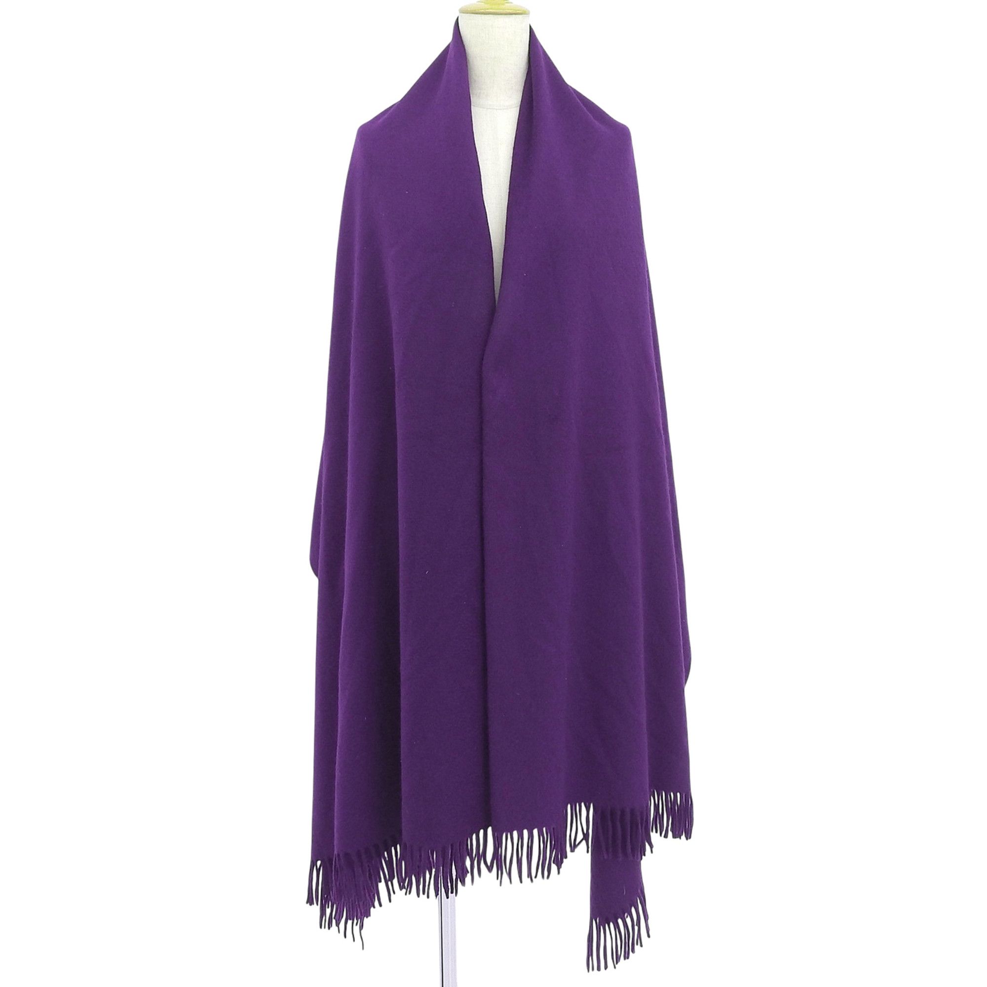 Hermes HERMES 100% Cashmere Italian Fabric, Logo Embroidery, Fringe, Extra Large Stole/Shawl/Scarf, Purple, Women's Size ONE SIZE - 2 Thumbnail
