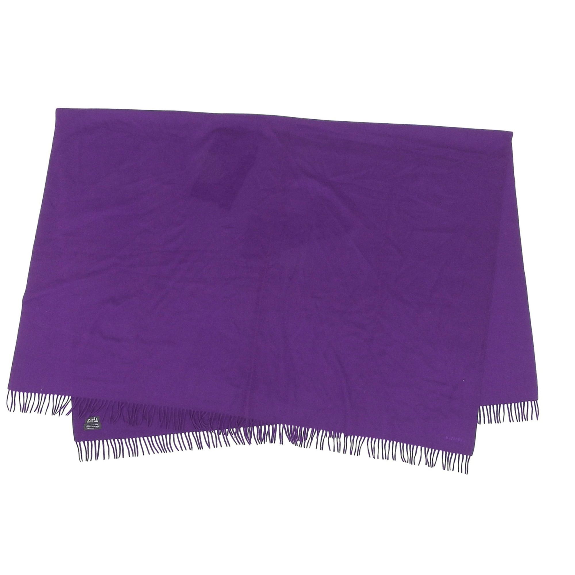 Hermes HERMES 100% Cashmere Italian Fabric, Logo Embroidery, Fringe, Extra Large Stole/Shawl/Scarf, Purple, Women's Size ONE SIZE - 3 Thumbnail