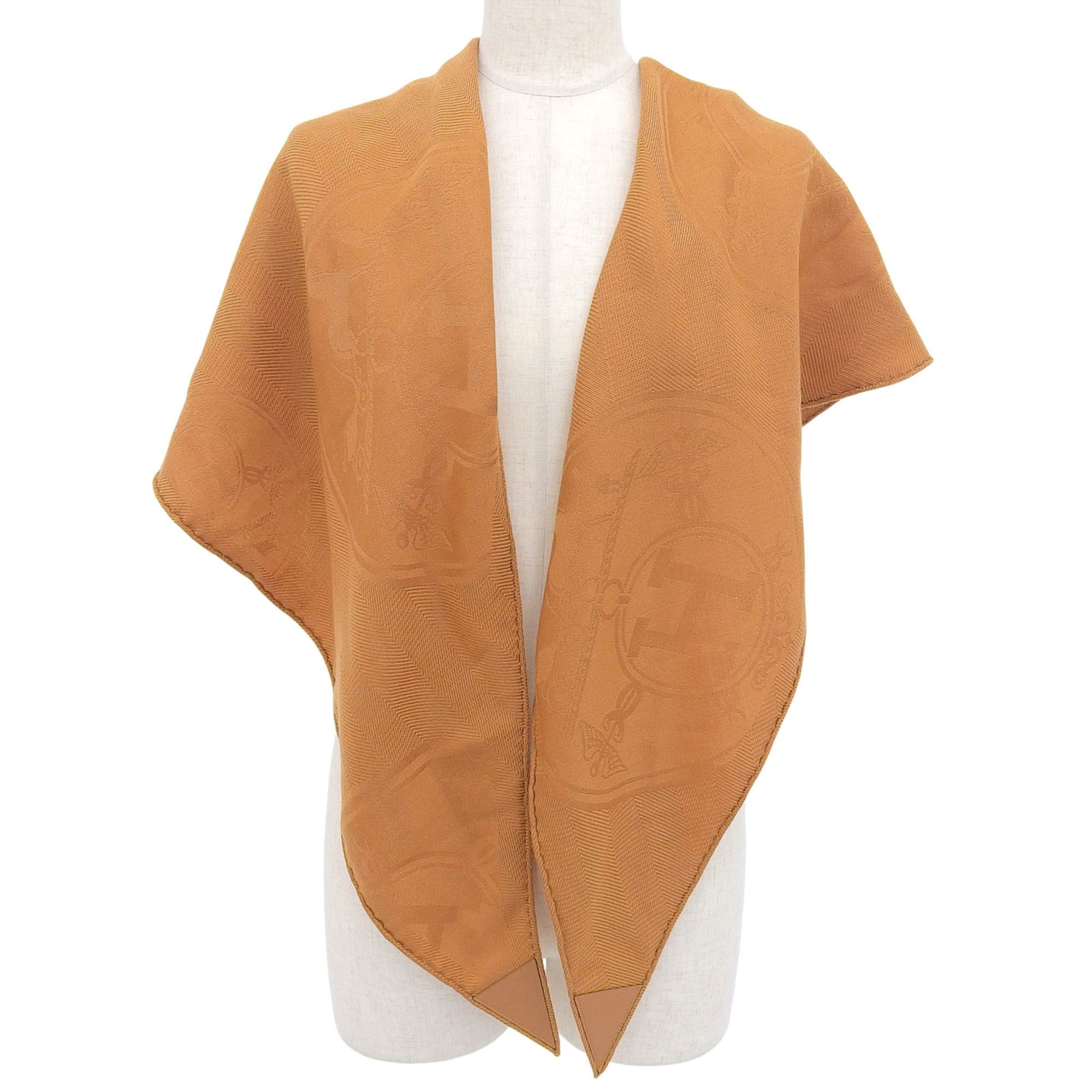 Hermes HERMES Losange GM New Libris Cashmere Silk Stole with Leather Yoke and Logo Patch, Brown, Made in France, Authentic, Women's Size ONE SIZE - 2 Thumbnail
