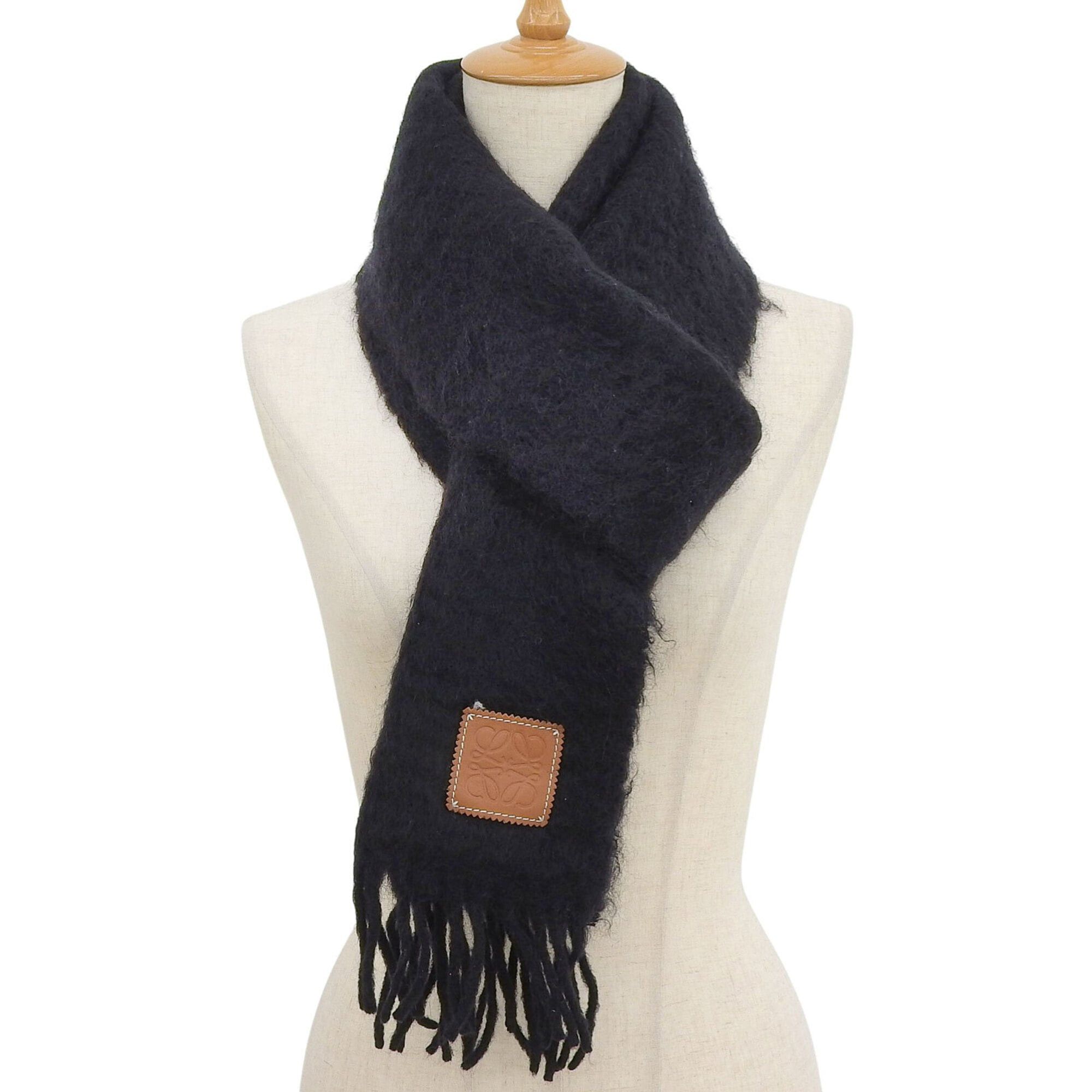 Loewe LOEWE Mohair Wool Blend Anagram Leather Patch Fringe Long Scarf, Black, Made in Spain, Authentic, Women's Size ONE SIZE - 2 Thumbnail