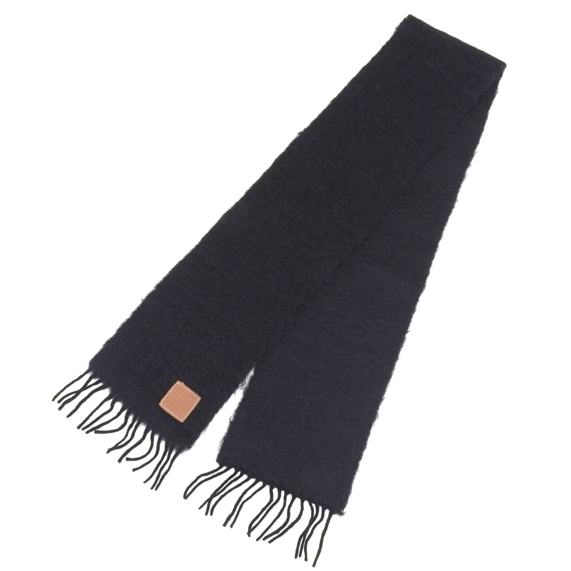 Loewe LOEWE Mohair Wool Blend Anagram Leather Patch Fringe Long Scarf, Black, Made in Spain, Authentic, Women's Size ONE SIZE - 3 Thumbnail