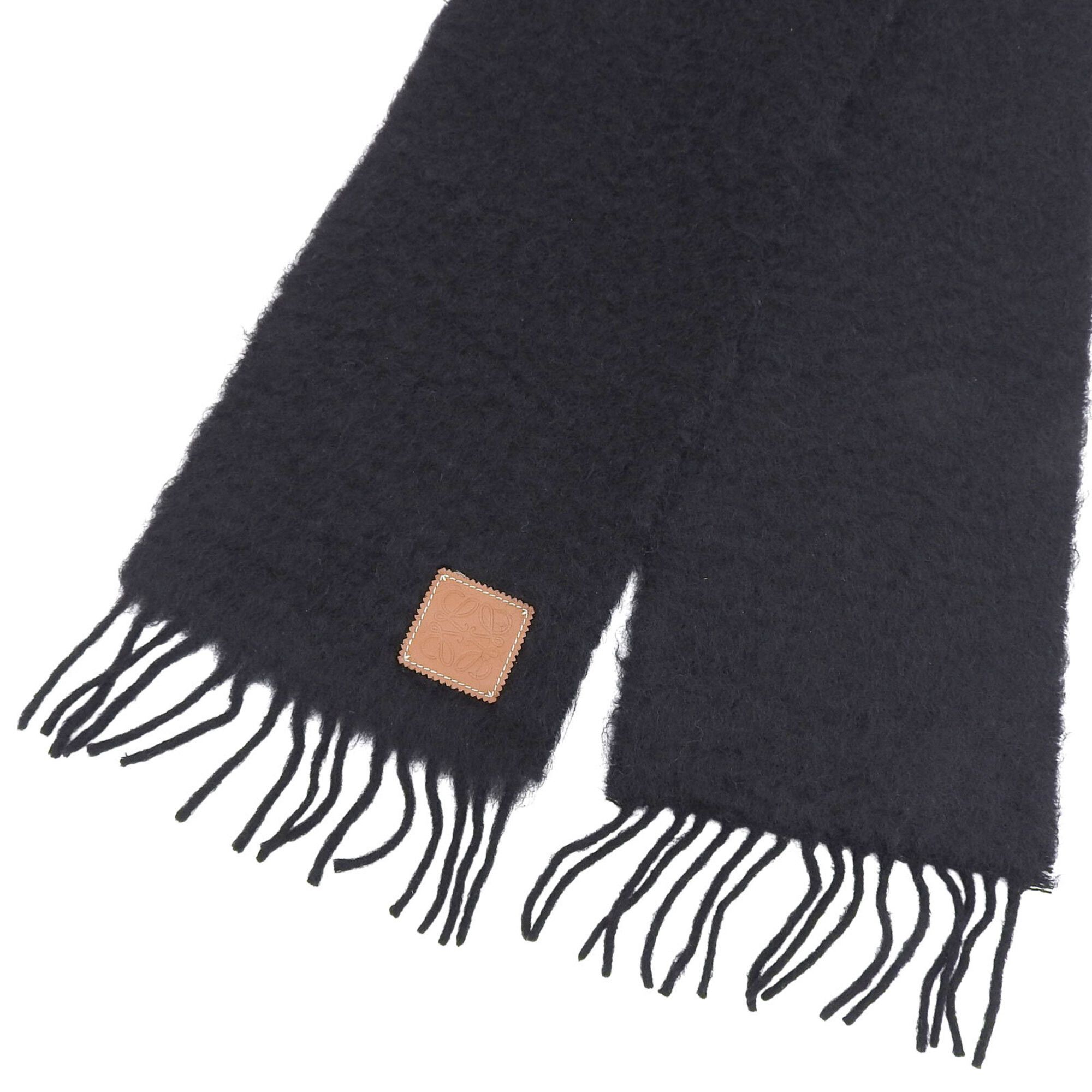 Loewe LOEWE Mohair Wool Blend Anagram Leather Patch Fringe Long Scarf, Black, Made in Spain, Authentic, Women's Size ONE SIZE - 4 Thumbnail