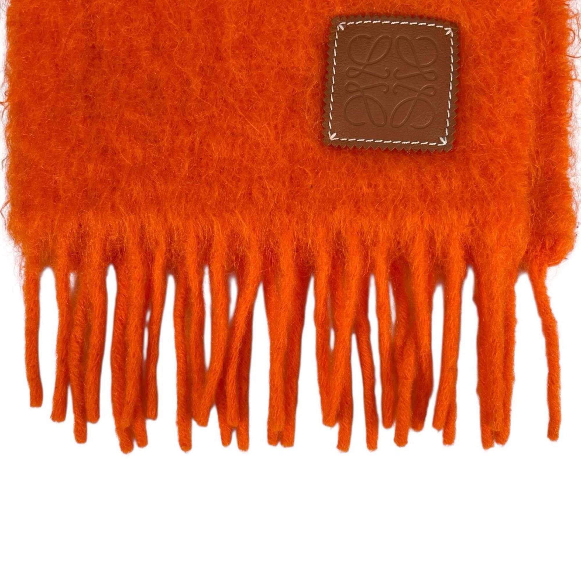 Loewe LOEWE Mohair Wool Anagram Leather Patch Fringe Scarf, Orange, Made in Spain, Authentic, Women's Size ONE SIZE - 4 Thumbnail