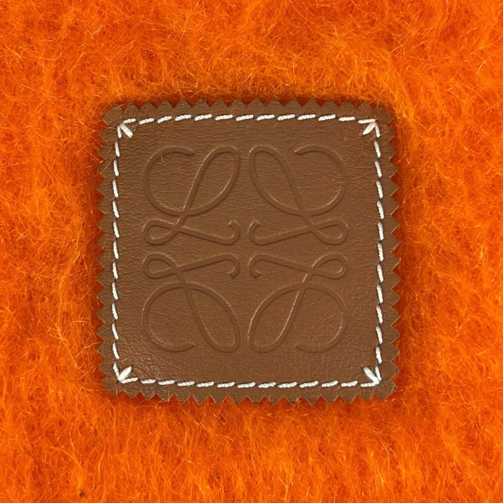 Loewe LOEWE Mohair Wool Anagram Leather Patch Fringe Scarf, Orange, Made in Spain, Authentic, Women's Size ONE SIZE - 5 Thumbnail