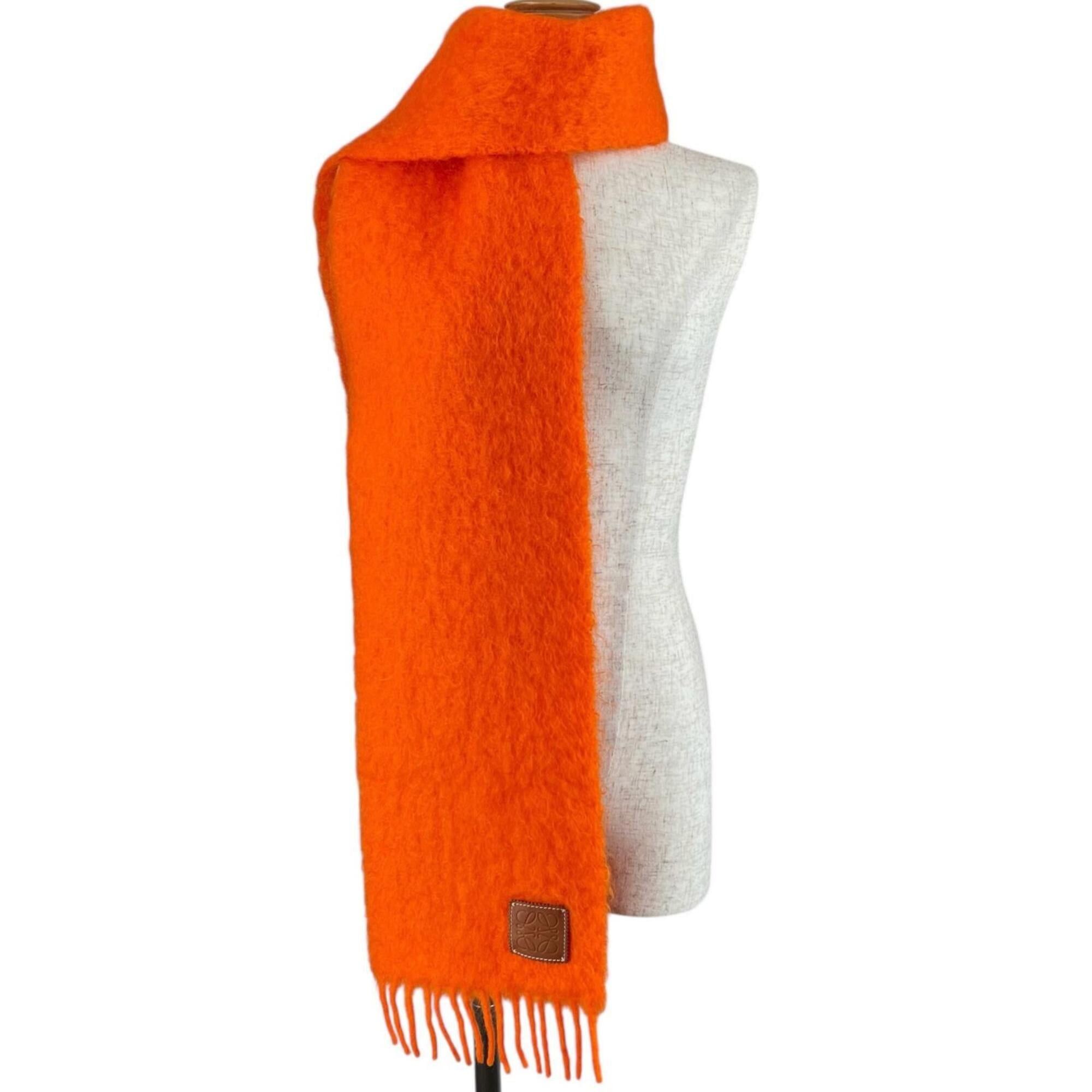 Loewe LOEWE Mohair Wool Anagram Leather Patch Fringe Scarf, Orange, Made in Spain, Authentic, Women's Size ONE SIZE - 2 Thumbnail