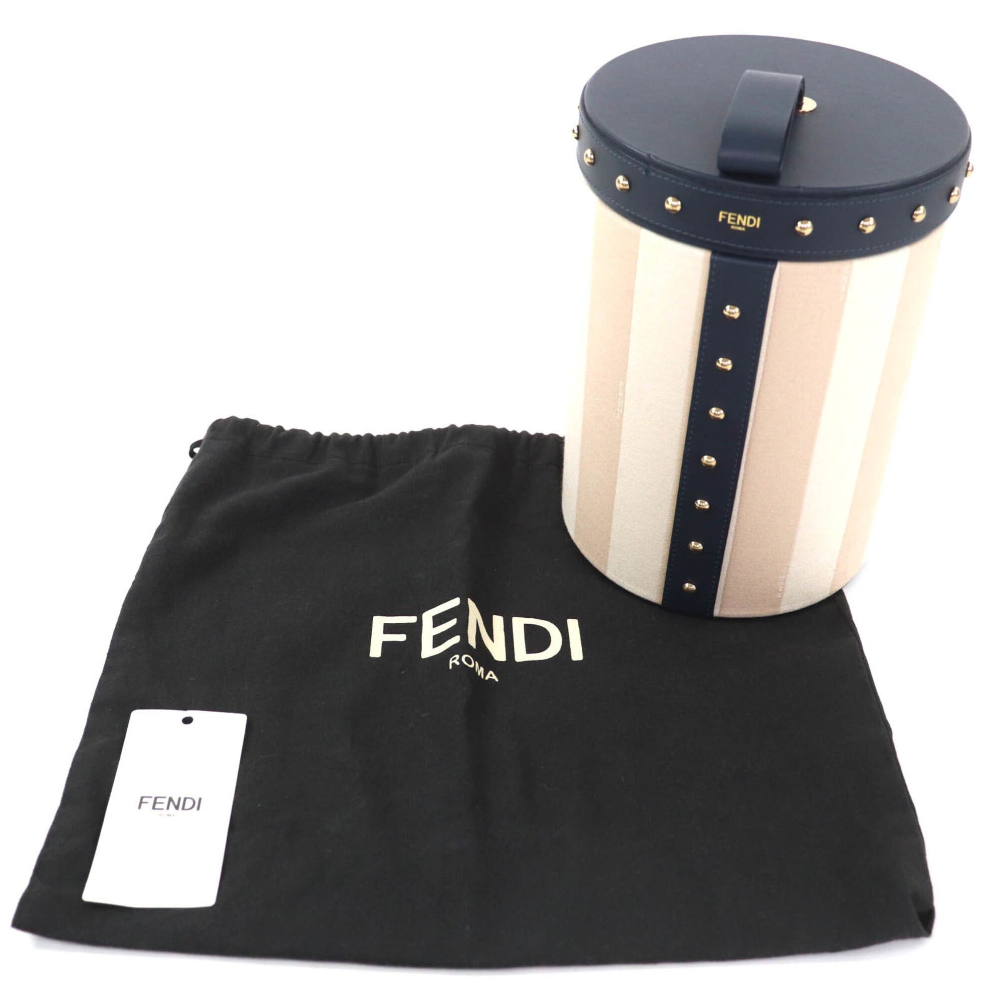 Fendi FENDI striped studded leather vanity pouch/cosmetic box in beige and navy with gold hardware. Comes dust bag. Made Italy. Women's. Size ONE SIZE - 2 Thumbnail