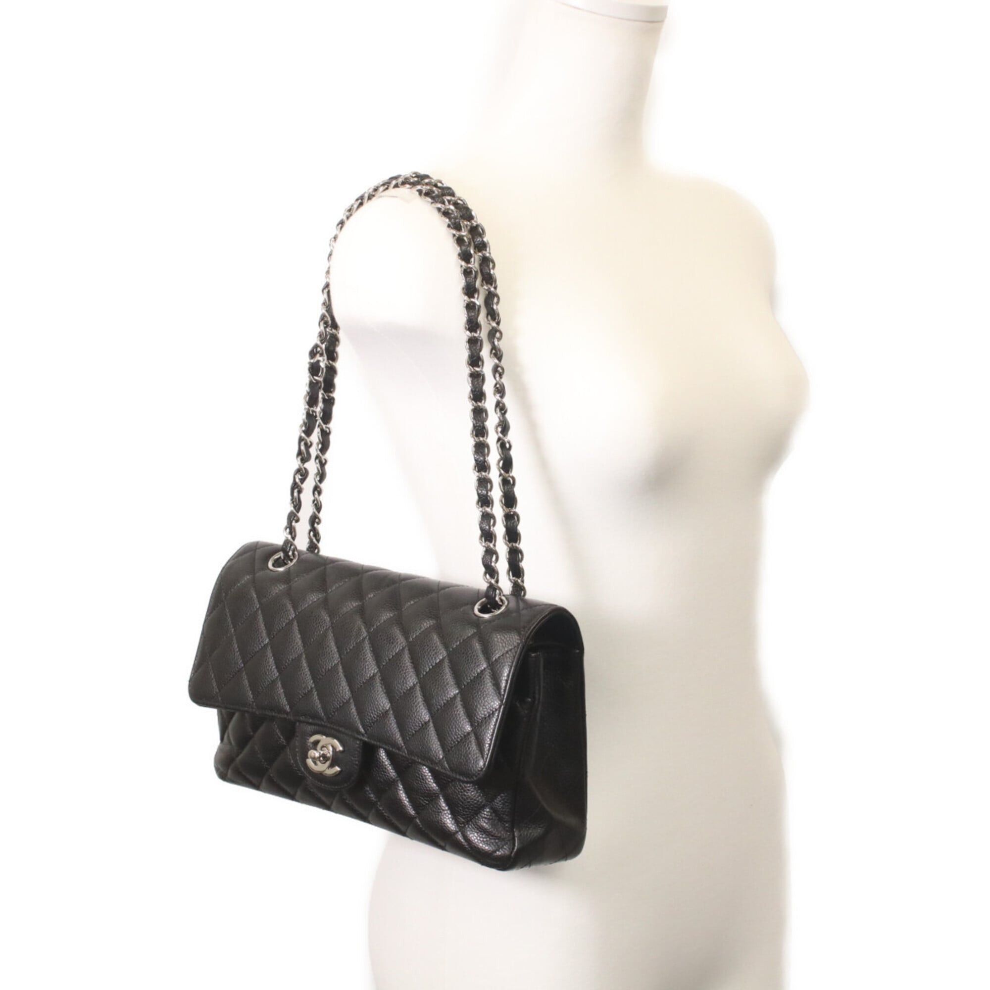 Chanel CHANEL A01112 Caviar Double Flap Matelassé 25 Shoulder Bag, Black with Silver Hardware, Women's Size ONE SIZE - 9 Thumbnail