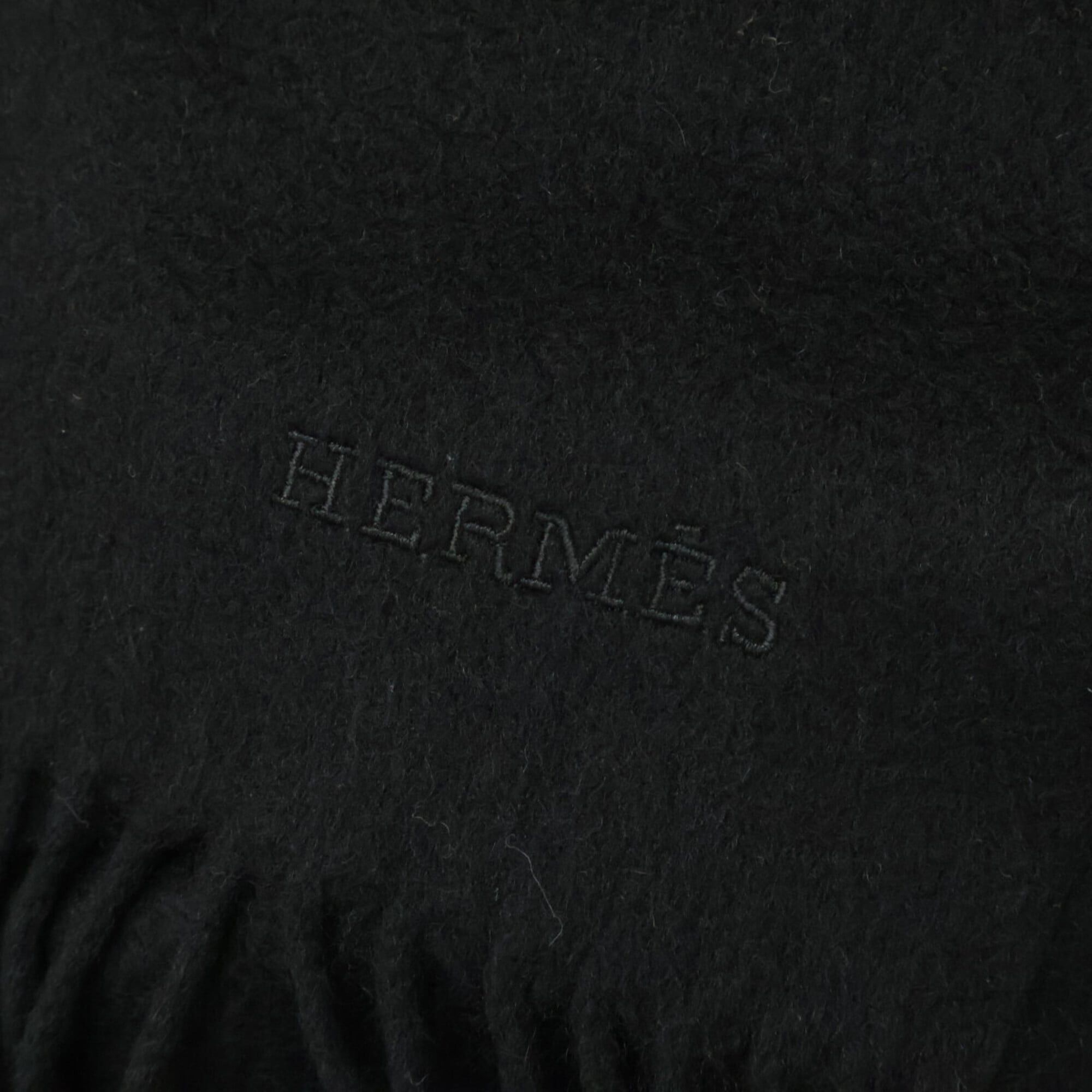 Hermes HERMES 100% Cashmere Logo Embroidered Fringe Large Stole, Black, Women's Size ONE SIZE - 5 Thumbnail