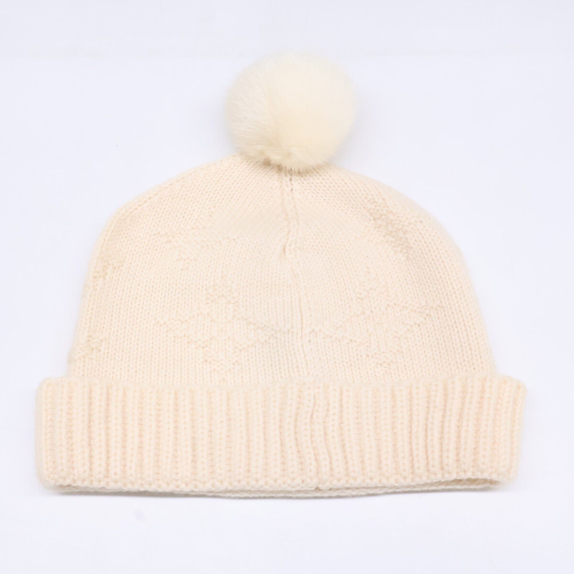 Louis Vuitton LOUIS VUITTON 401910 Monogram Cashmere Mink Fur Scarf & Knit Hat - Ivory for Women Size ONE SIZE - 4 Thumbnail