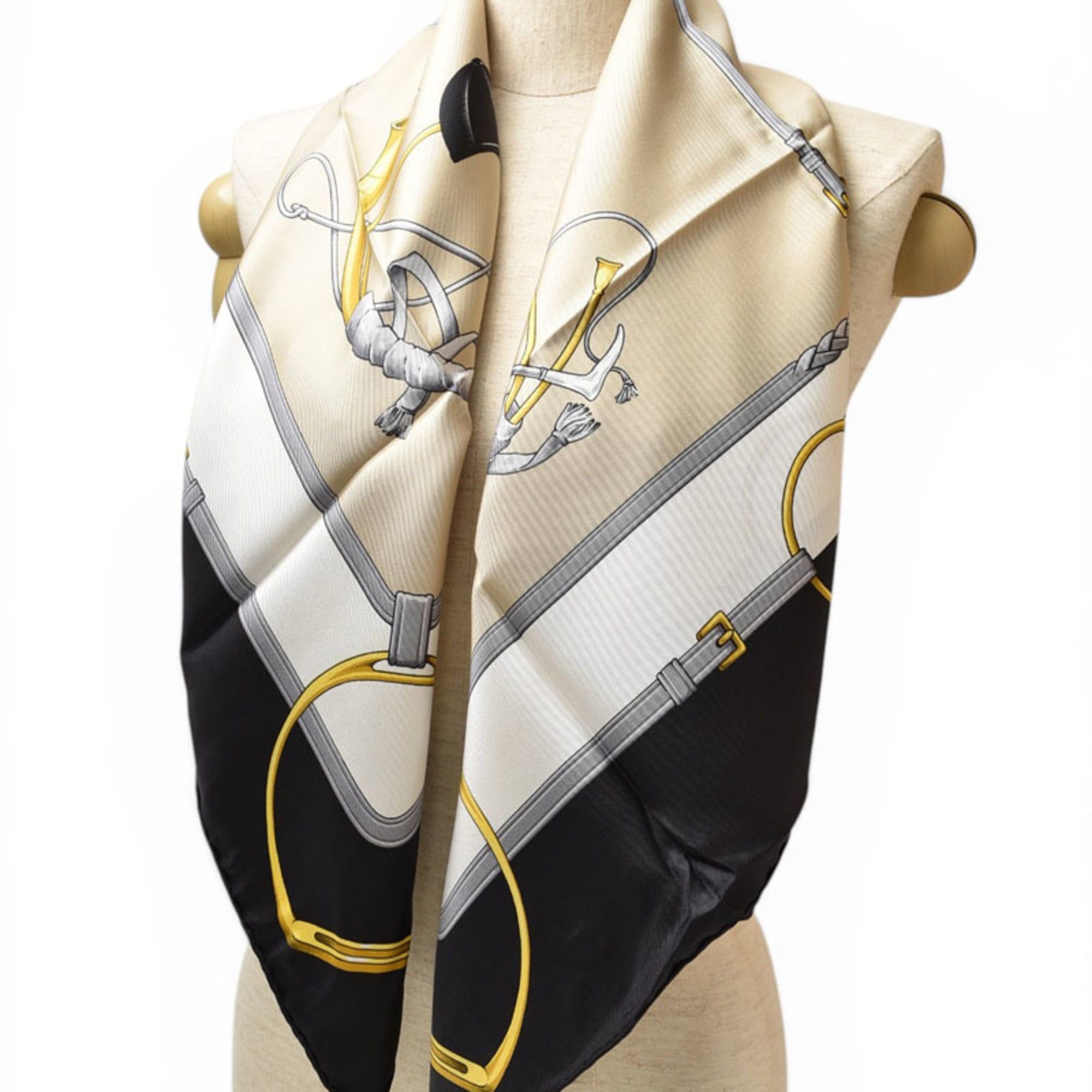 Celine Celine scarf muffler, CELINE Carre 90, carriage, horse tack, gold, white, black. Size ONE SIZE - 5 Thumbnail