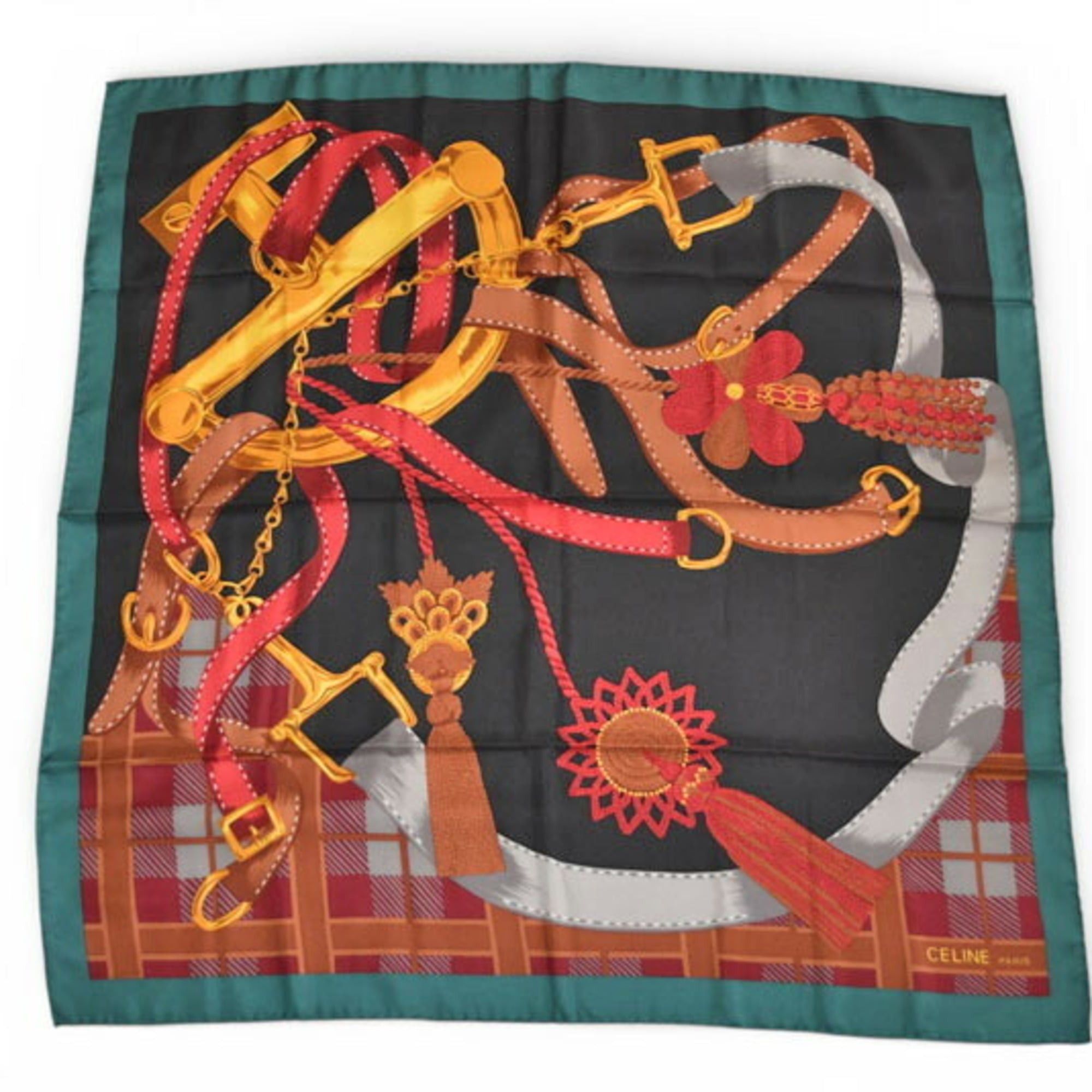 Celine Celine scarf muffler, CELINE Carre 90, tassel, green, red, black Size ONE SIZE - 2 Thumbnail