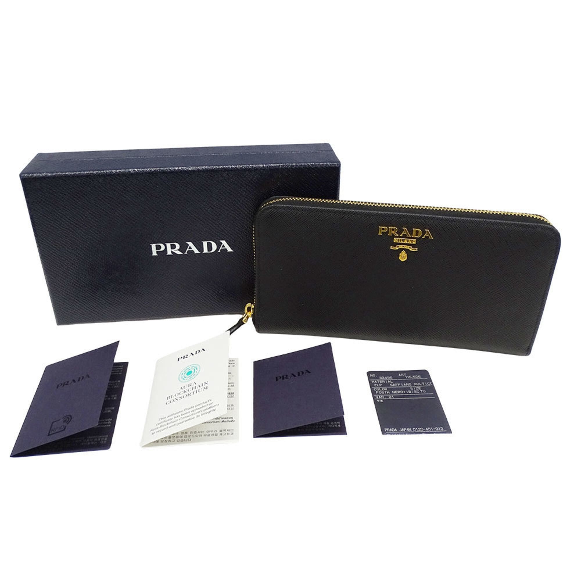 Prada Prada Wallet for Women and Men, Brand Name Long Wallet, Saffiano Leather, Hibiscus Pattern, Black, 1ML506, Round Zipper Size ONE SIZE - 5 Thumbnail