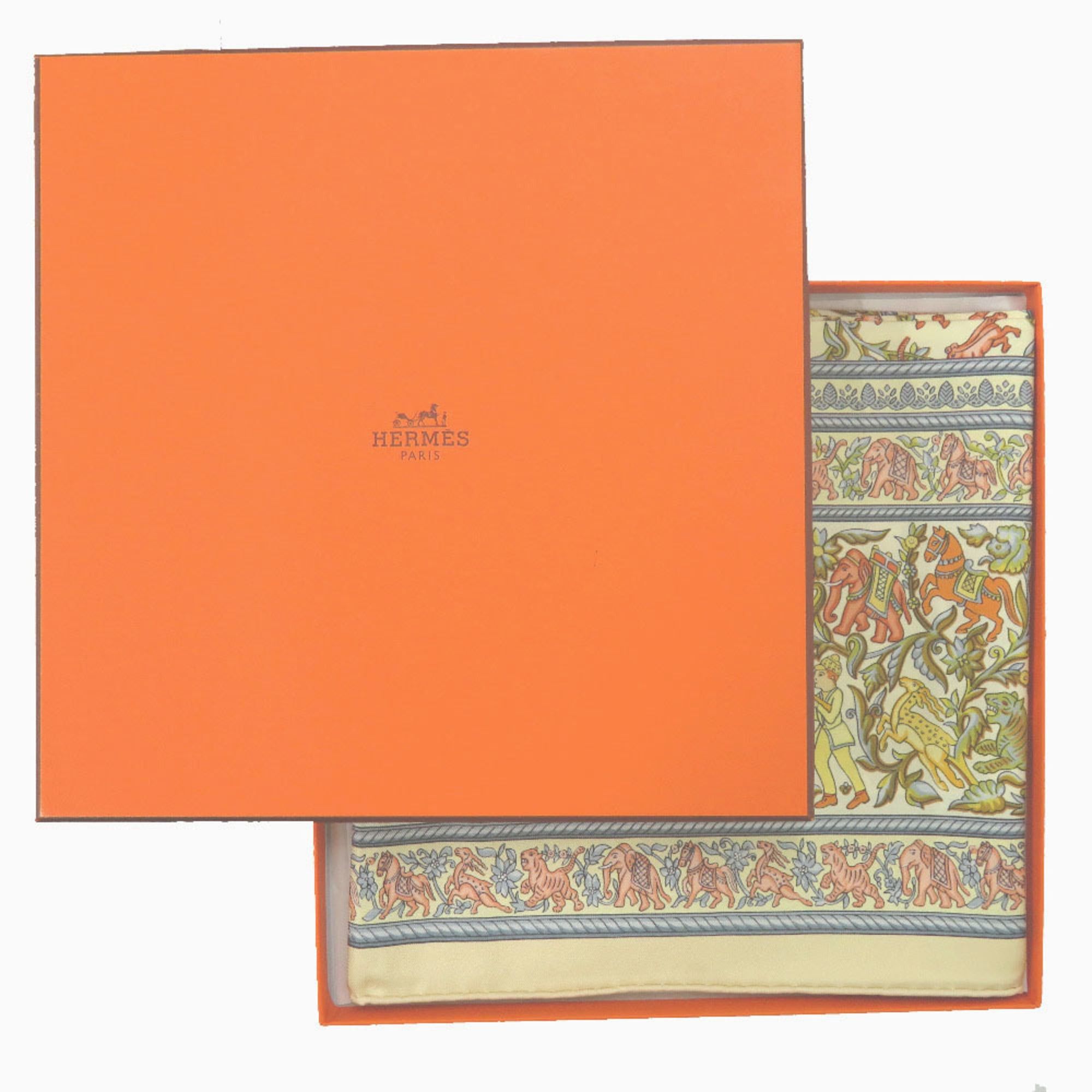 Hermes Hermes Carre 90 "Hunting in India" Scarf/Muffler, Silk, Ivory, Yellow, Light Blue, 0390HERMES Size ONE SIZE - 2 Thumbnail