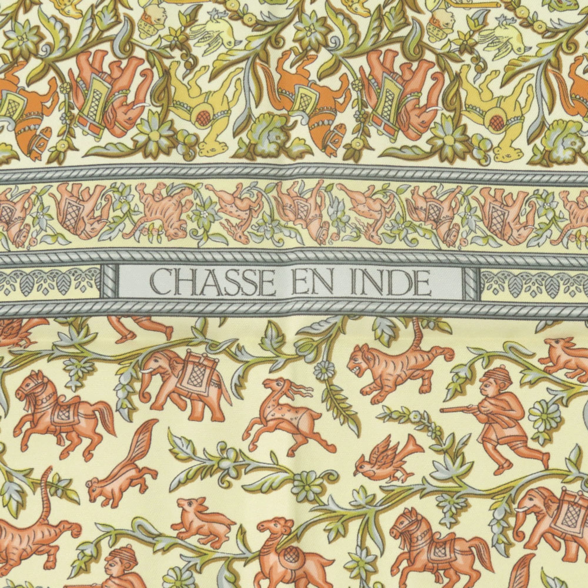 Hermes Hermes Carre 90 "Hunting in India" Scarf/Muffler, Silk, Ivory, Yellow, Light Blue, 0390HERMES Size ONE SIZE - 3 Thumbnail