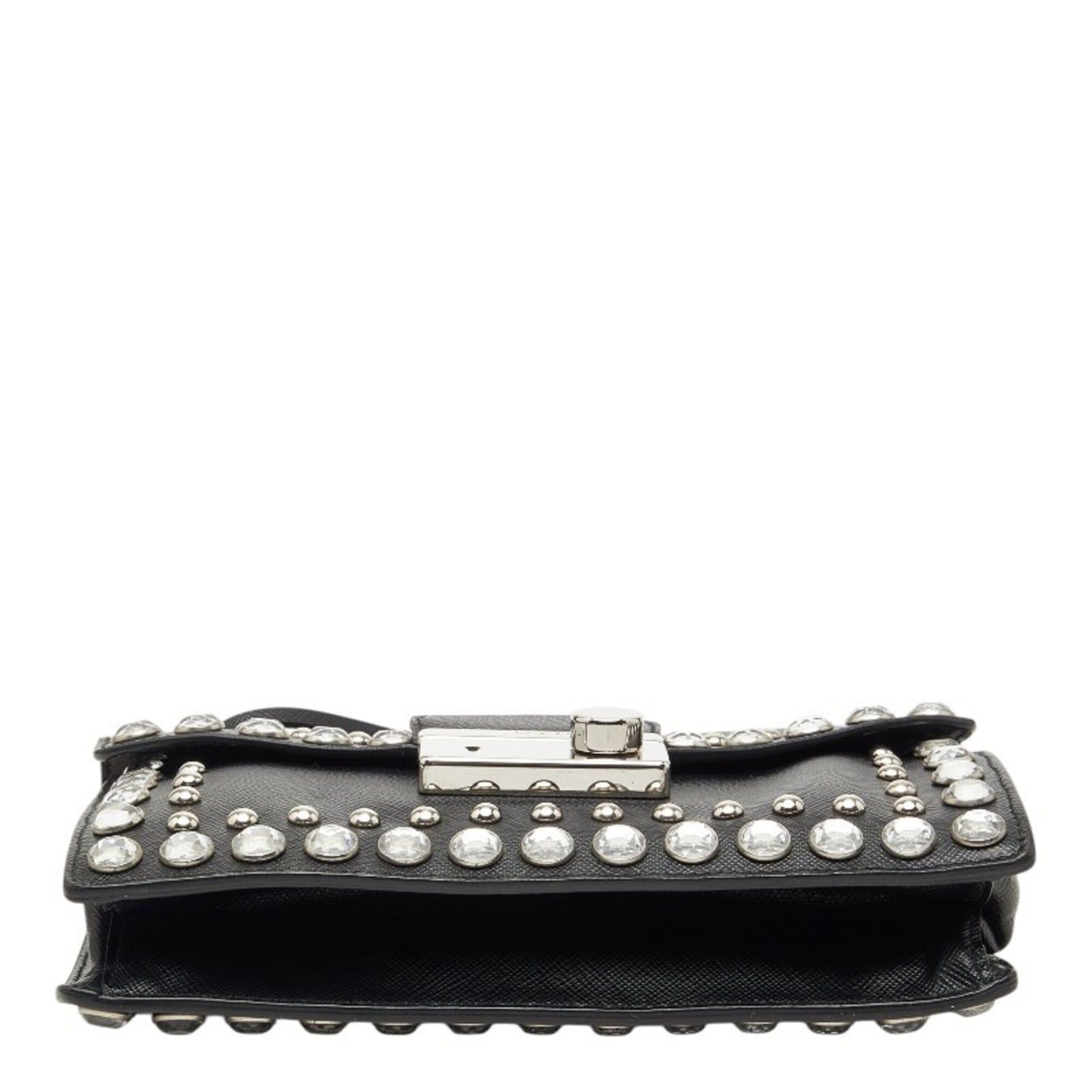 Prada Prada Studded Handbag Shoulder Bag 2-Way Black Saffiano Leather with Rhinestones Women's PRADA Size ONE SIZE - 3 Thumbnail