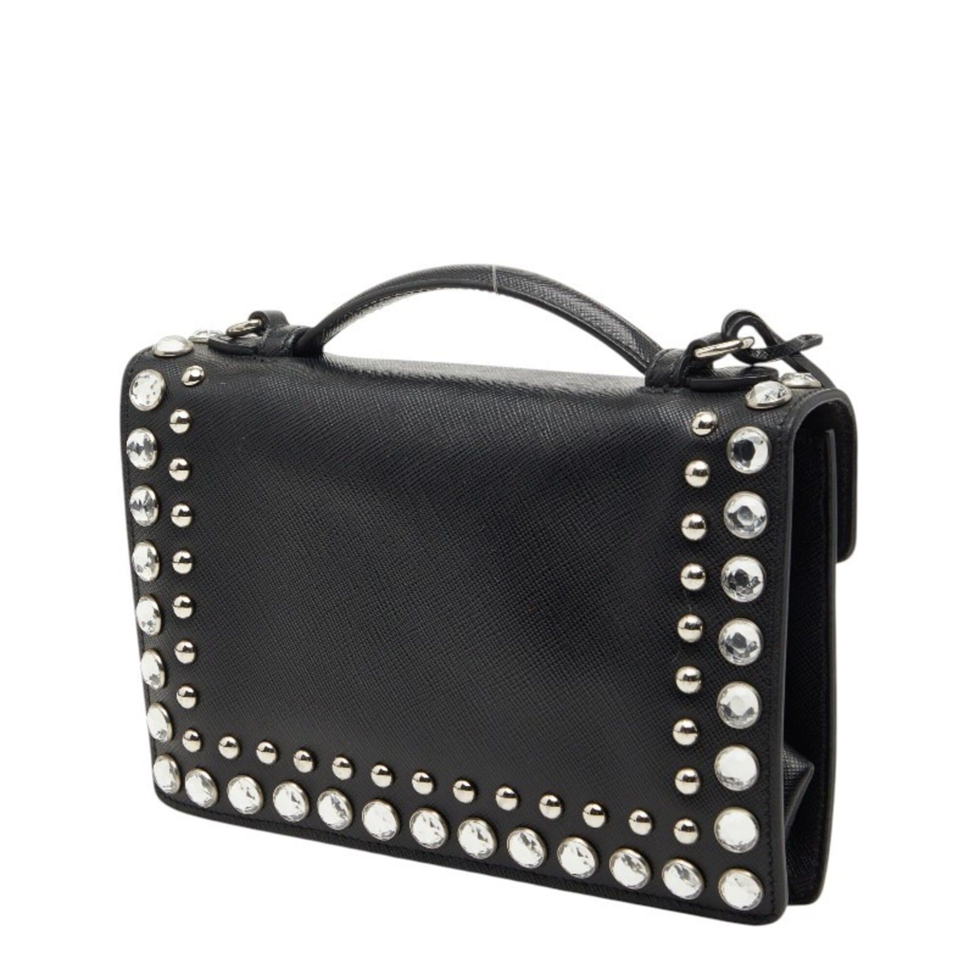 Prada Prada Studded Handbag Shoulder Bag 2-Way Black Saffiano Leather with Rhinestones Women's PRADA Size ONE SIZE - 2 Thumbnail