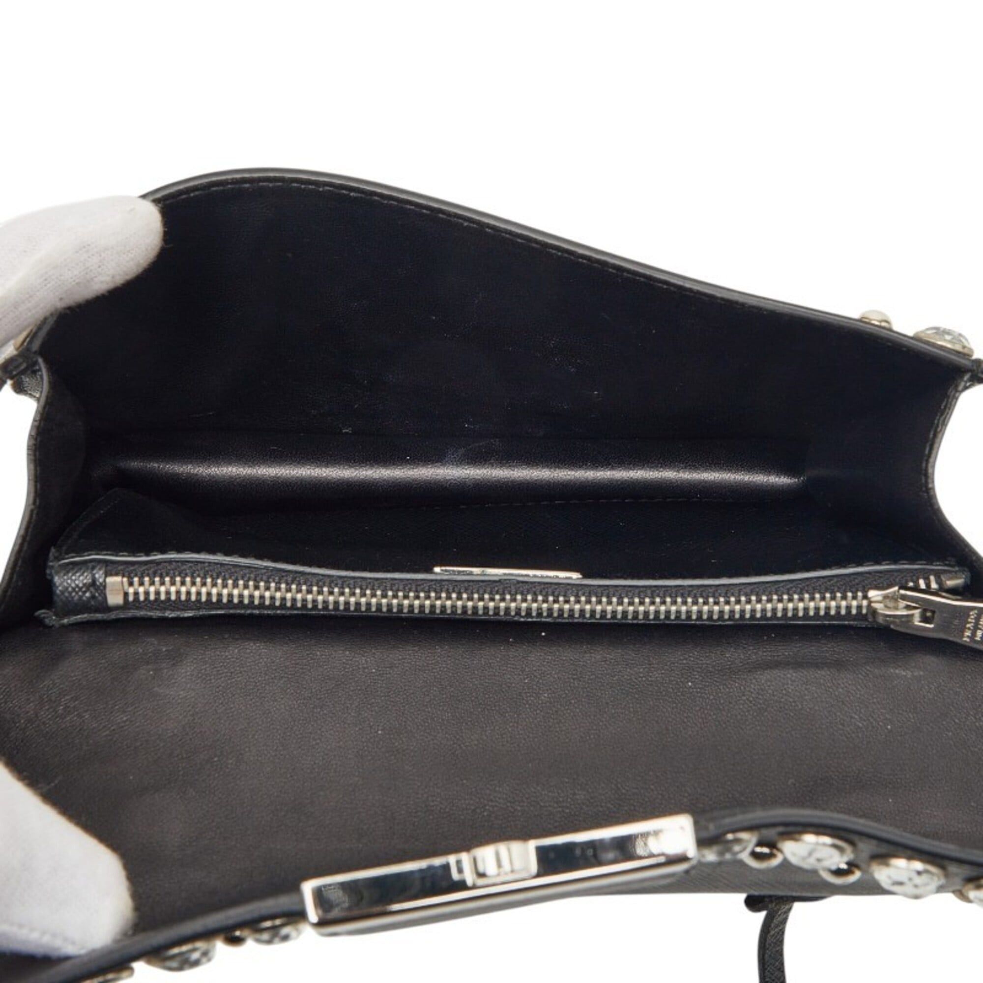 Prada Prada Studded Handbag Shoulder Bag 2-Way Black Saffiano Leather with Rhinestones Women's PRADA Size ONE SIZE - 6 Thumbnail
