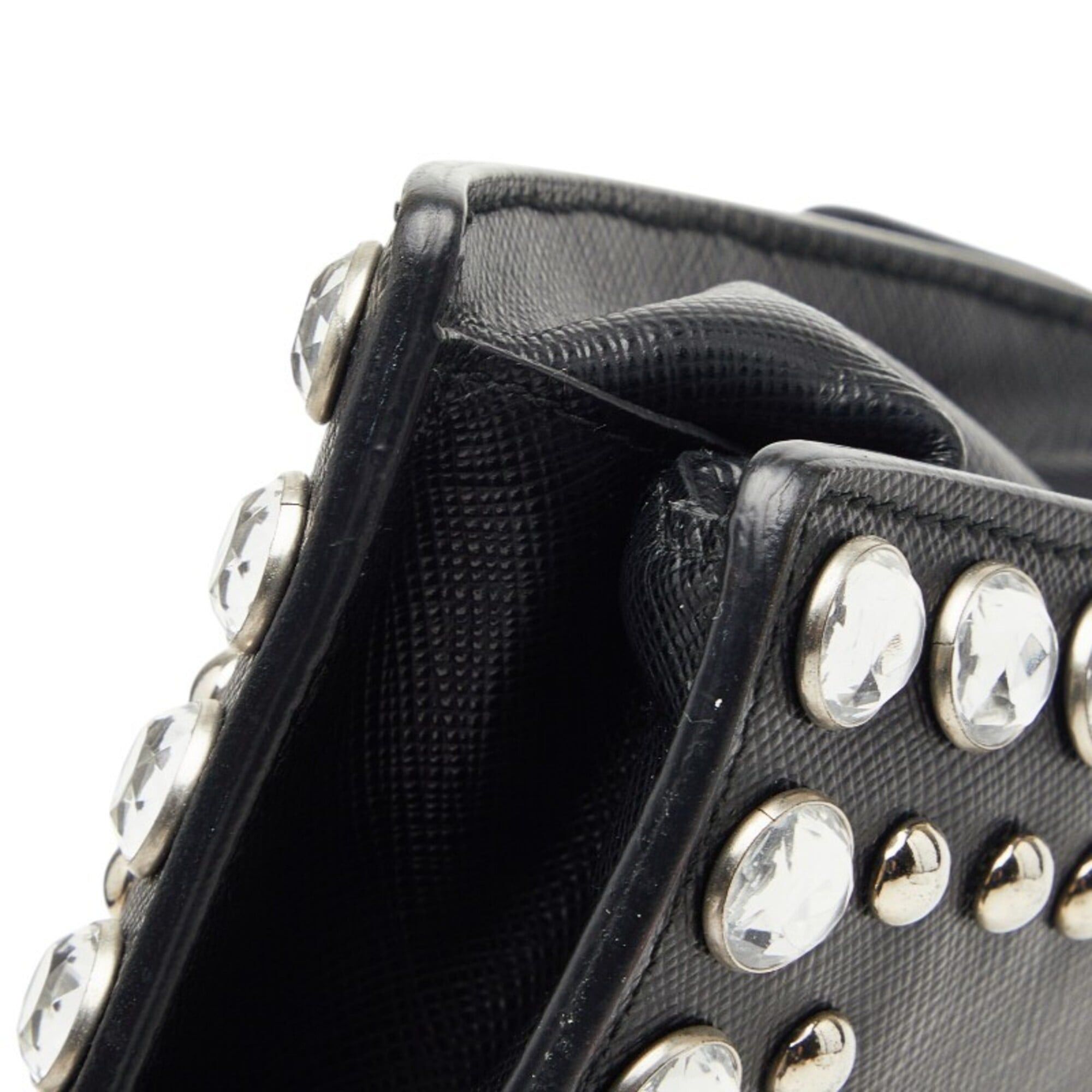 Prada Prada Studded Handbag Shoulder Bag 2-Way Black Saffiano Leather with Rhinestones Women's PRADA Size ONE SIZE - 4 Thumbnail