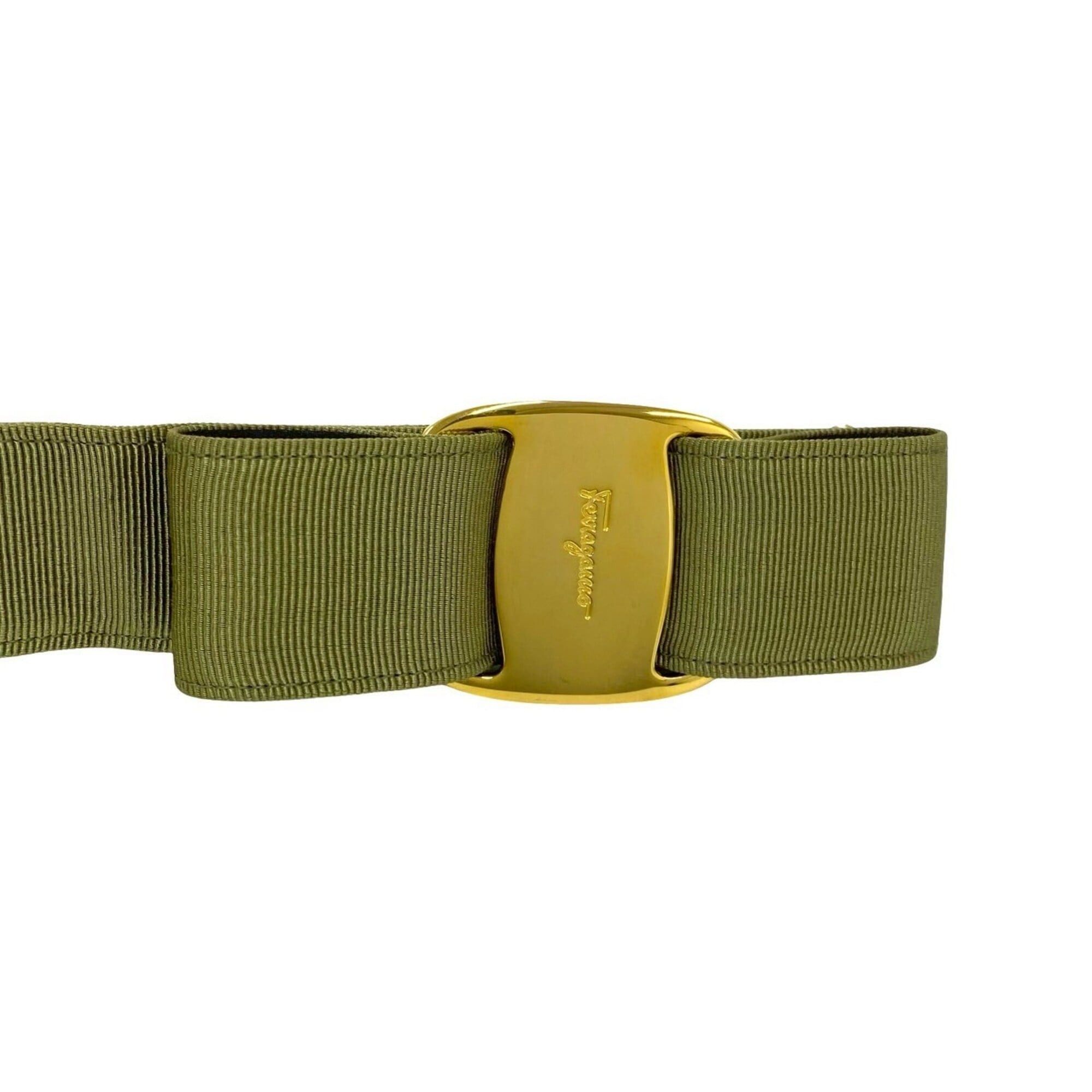 Salvatore Ferragamo Salvatore Ferragamo Vara Ribbon Logo Hardware Canvas Leather Genuine Belt Khaki Green 70512 Size ONE SIZE - 3 Thumbnail
