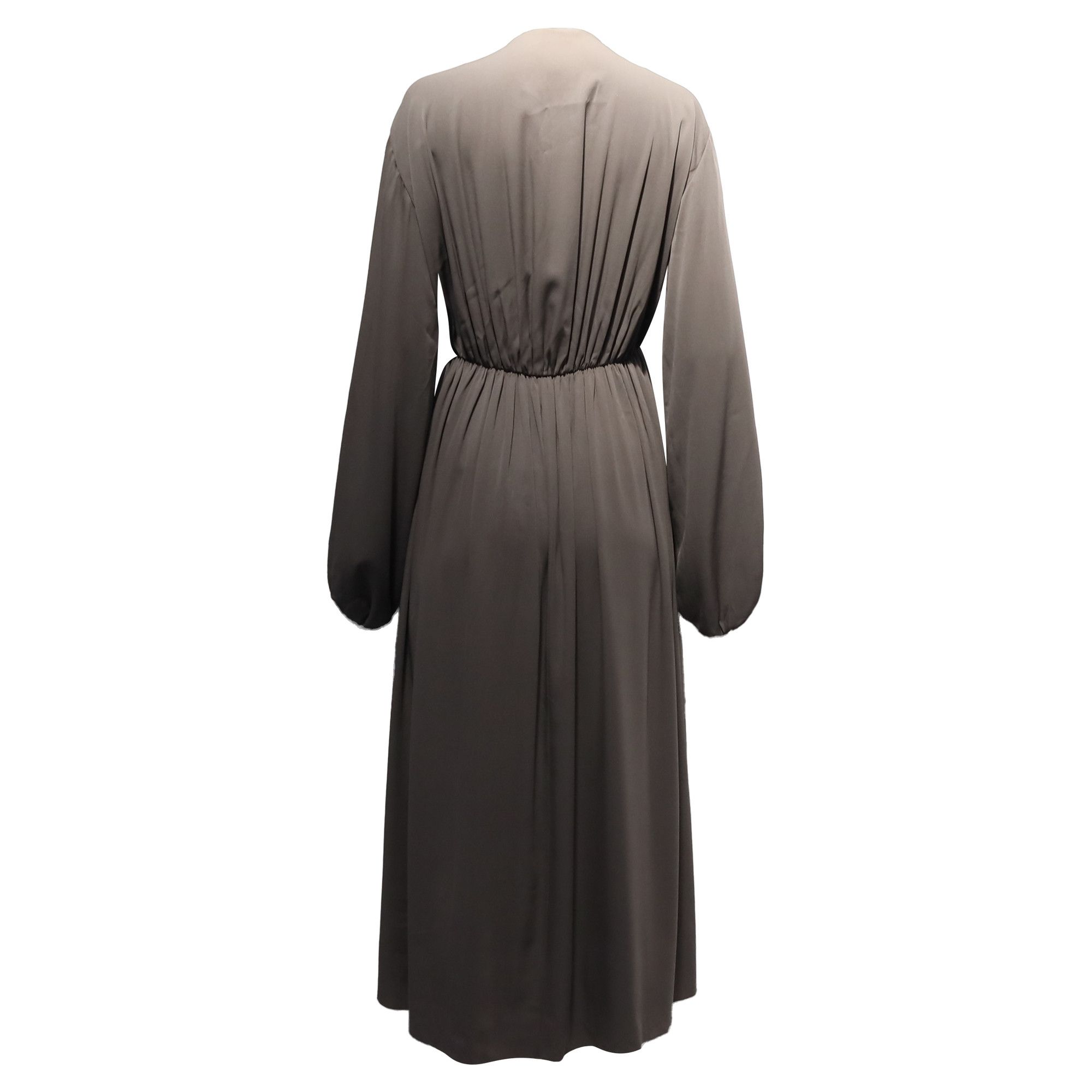 the row brown dress Sasha Gathered Midi in Silk KissProm V-Neck Flutter Sleeve