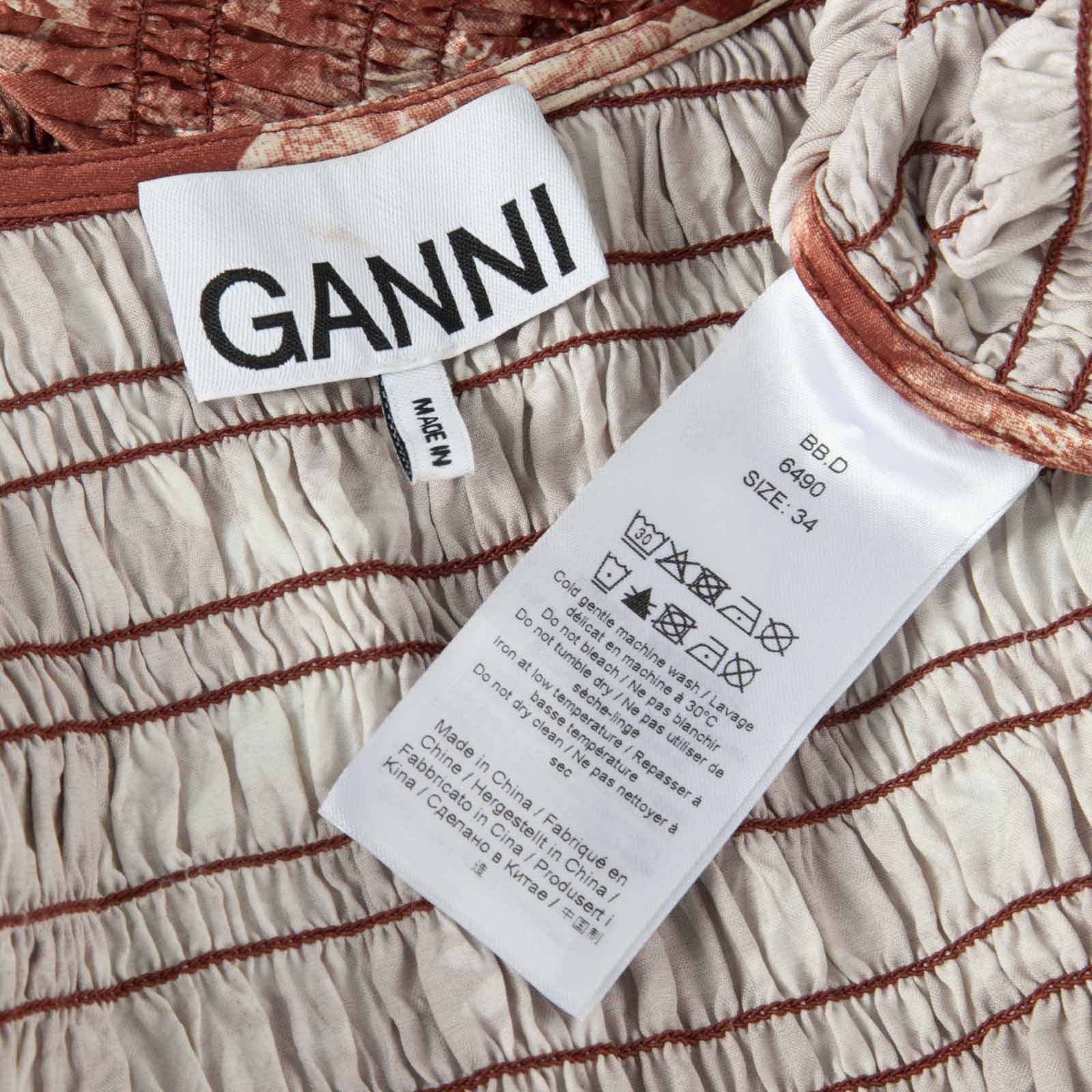 Ganni Brown & Ecru Floral Ruched Dress Size XS / US 0-2 / IT 36-38 - 5 Thumbnail