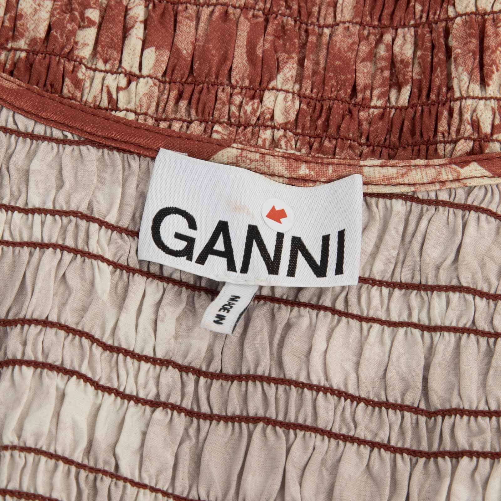 Ganni Brown & Ecru Floral Ruched Dress Size XS / US 0-2 / IT 36-38 - 4 Thumbnail