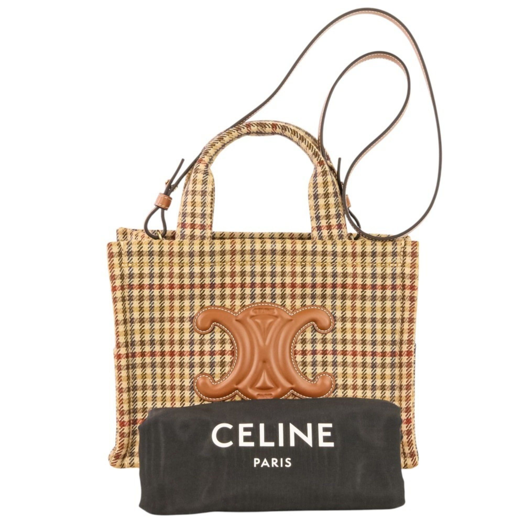 Celine CELINE Triomphe Logo Small Cabas Thais Tweed 2-Way Shoulder Bag 199162EP8.14ML Brown Beige Women's Size ONE SIZE - 12 Thumbnail