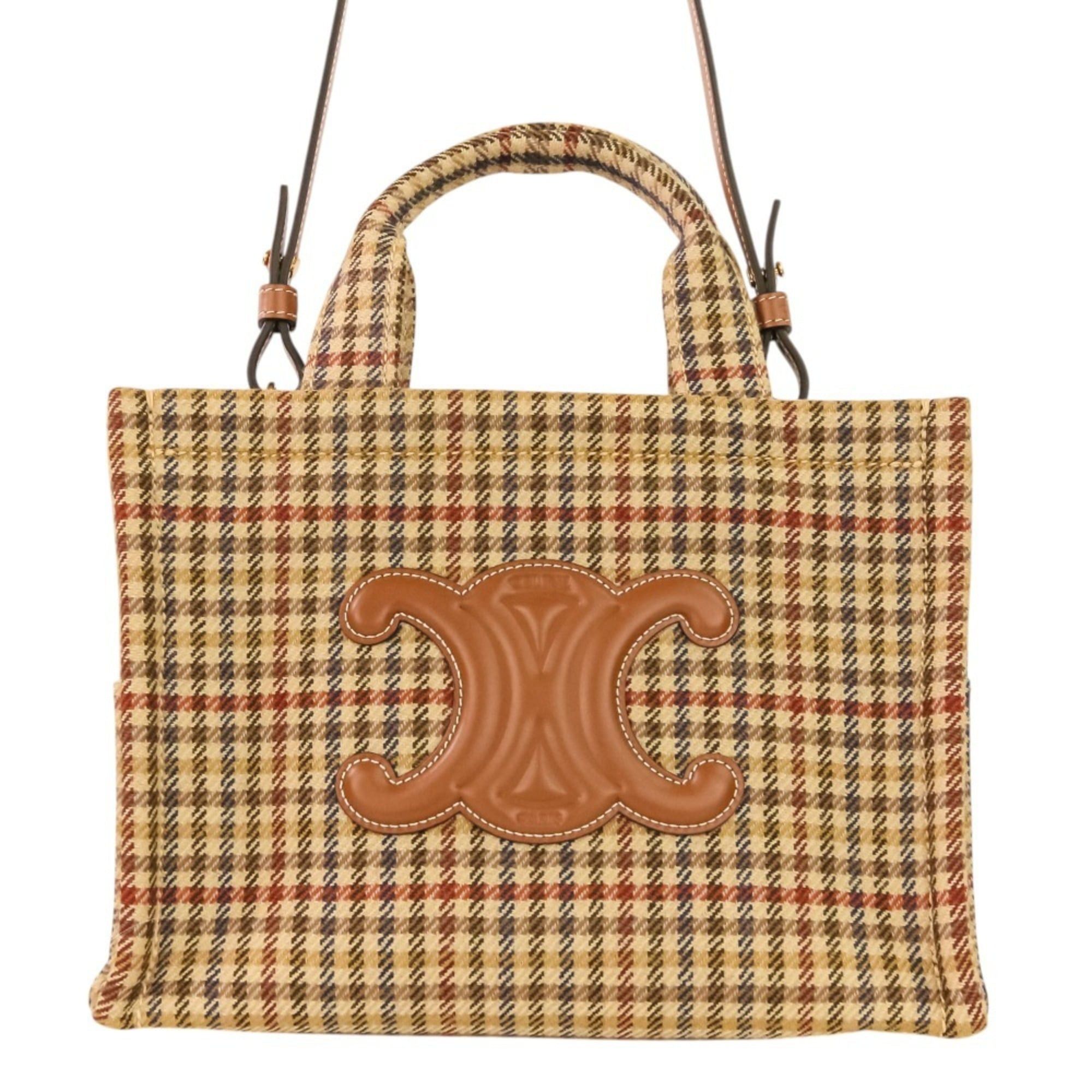 Celine CELINE Triomphe Logo Small Cabas Thais Tweed 2-Way Shoulder Bag 199162EP8.14ML Brown Beige Women's Size ONE SIZE - 2 Thumbnail