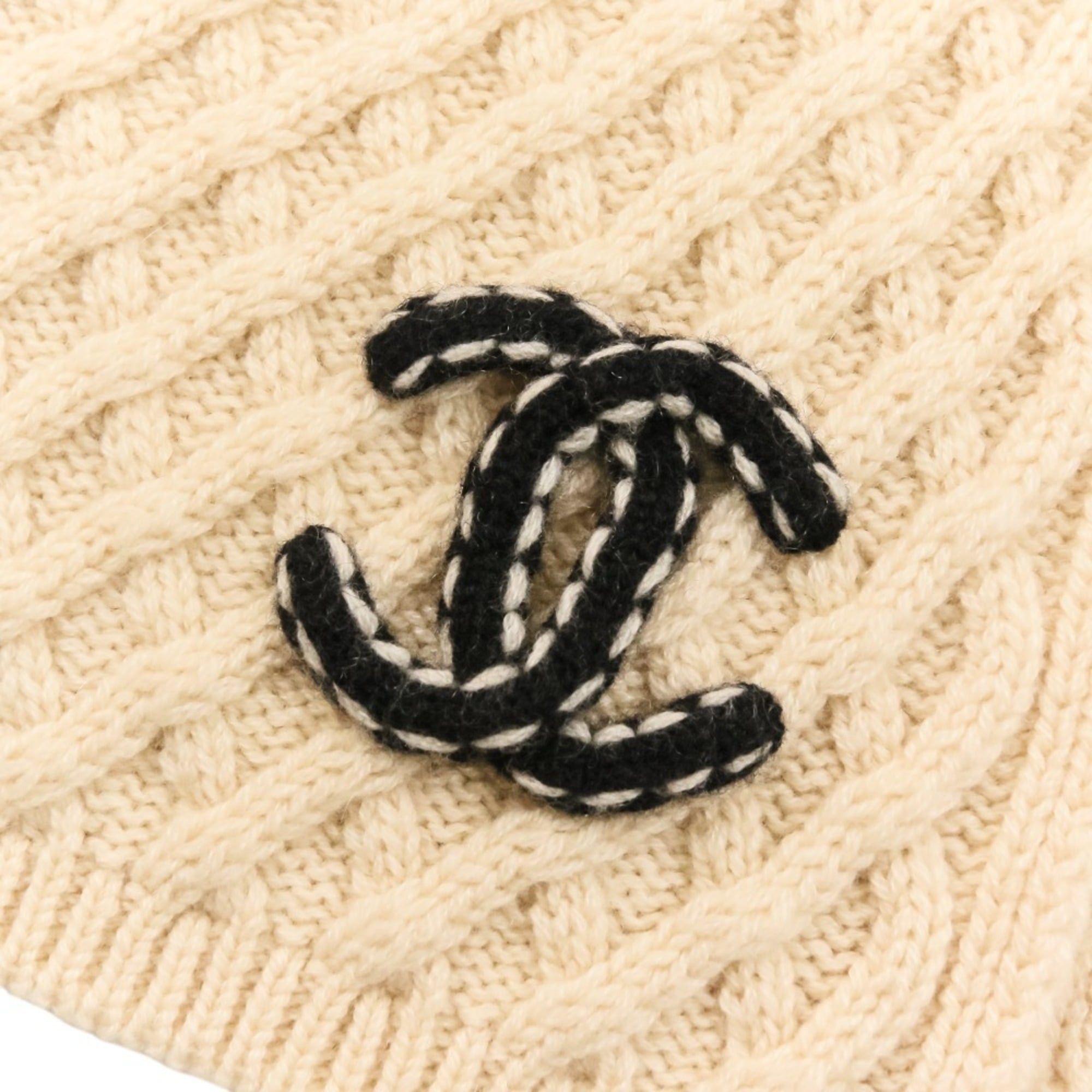 Chanel CHANEL Coco Mark Cashmere Cable Knit Scarf, Beige, Women's Size ONE SIZE - 7 Thumbnail