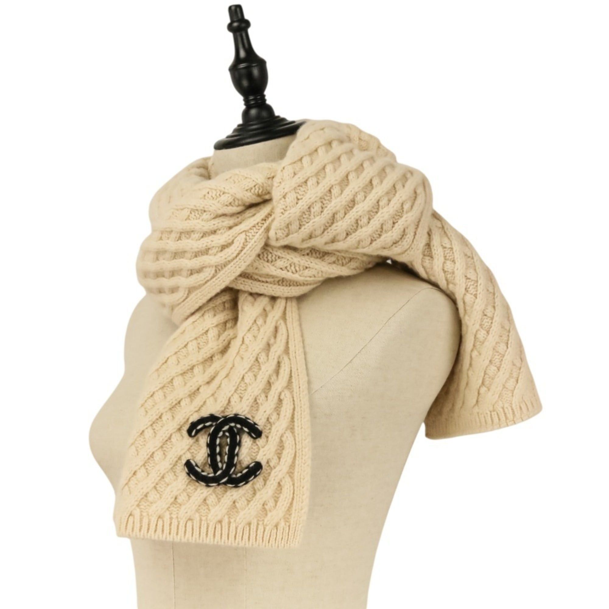 Chanel CHANEL Coco Mark Cashmere Cable Knit Scarf, Beige, Women's Size ONE SIZE - 12 Thumbnail