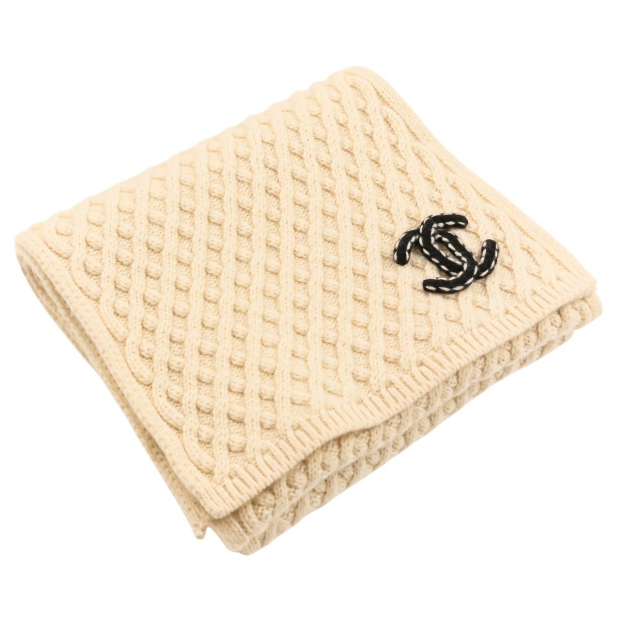 Chanel CHANEL Coco Mark Cashmere Cable Knit Scarf, Beige, Women's Size ONE SIZE - 3 Thumbnail