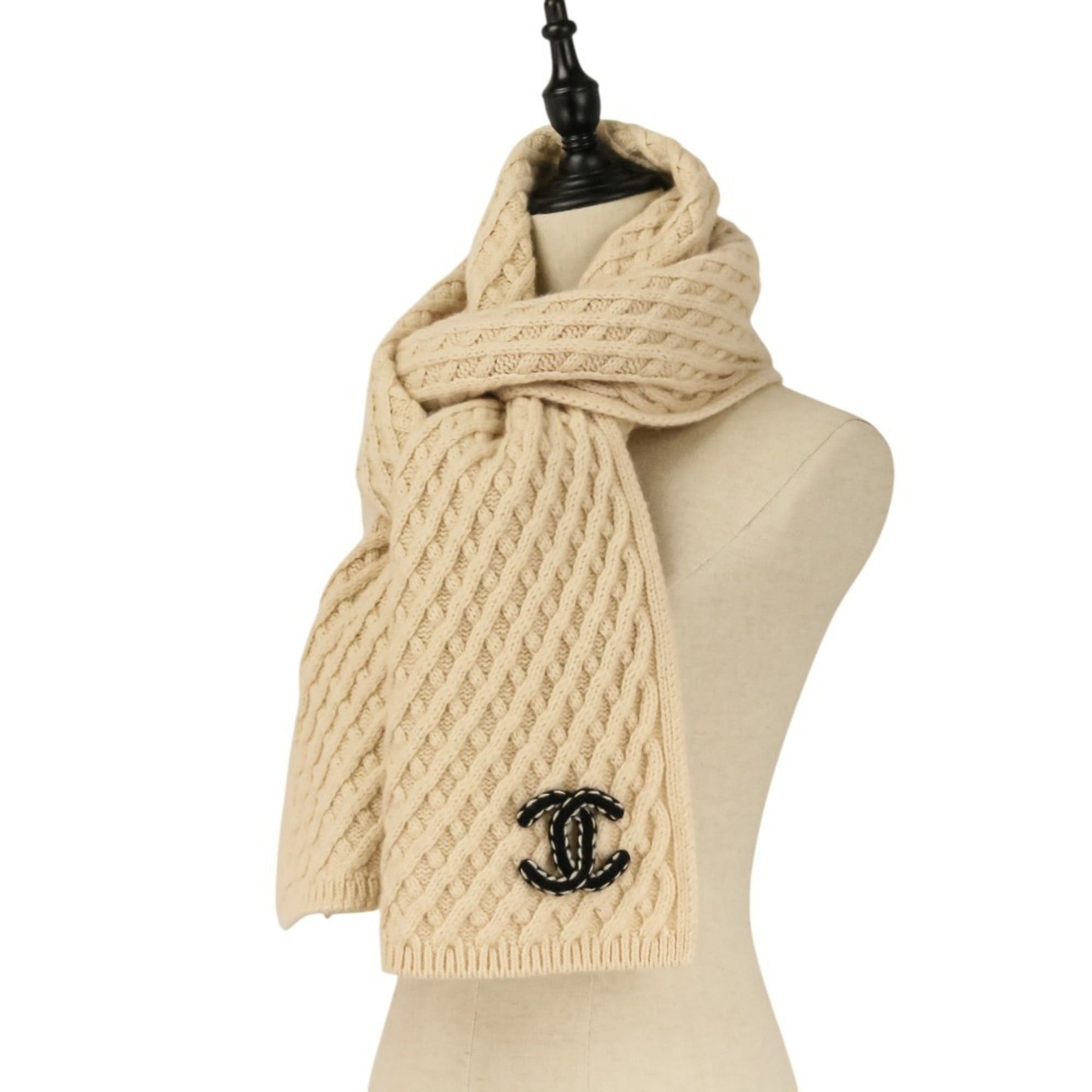 Chanel CHANEL Coco Mark Cashmere Cable Knit Scarf, Beige, Women's Size ONE SIZE - 11 Thumbnail