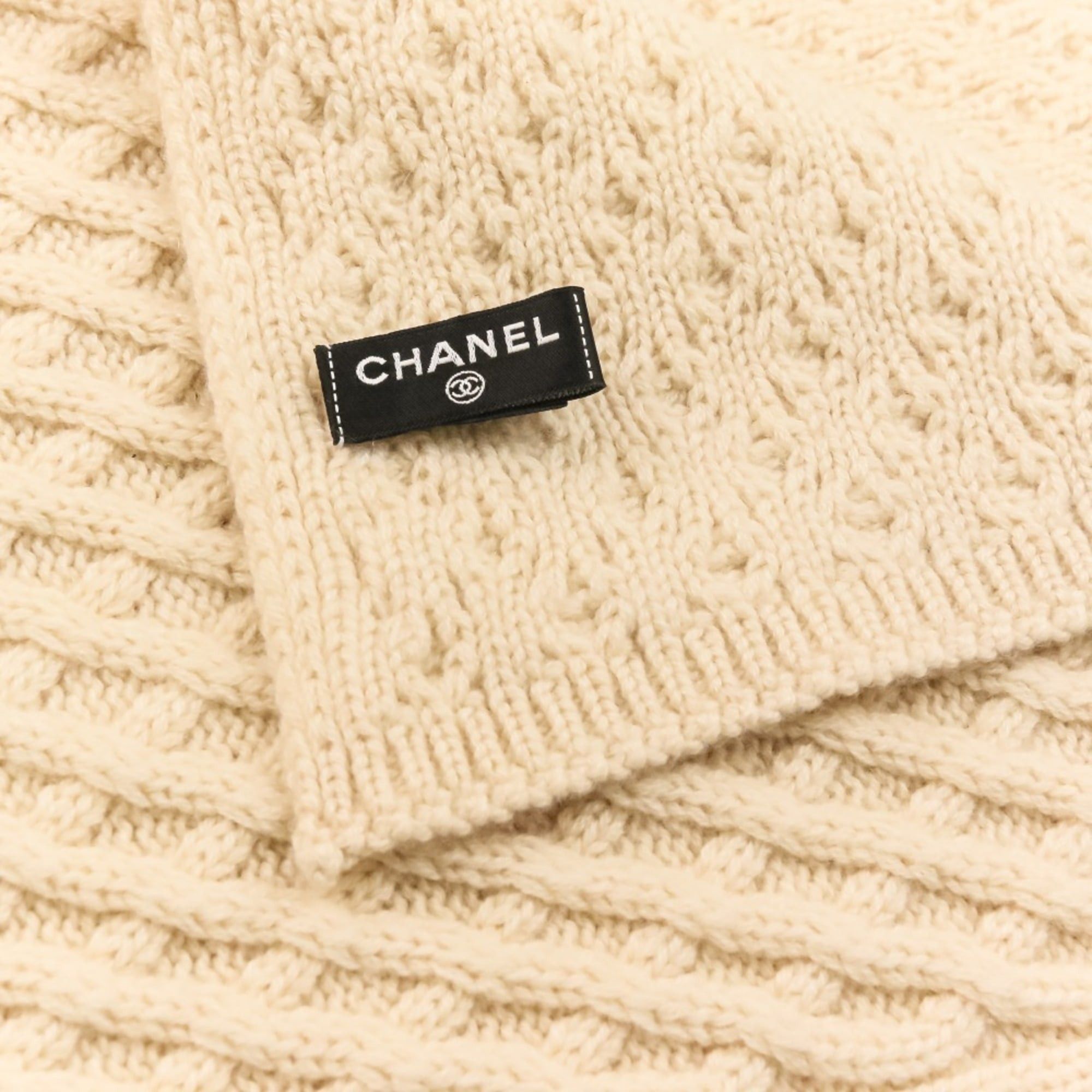 Chanel CHANEL Coco Mark Cashmere Cable Knit Scarf, Beige, Women's Size ONE SIZE - 8 Thumbnail