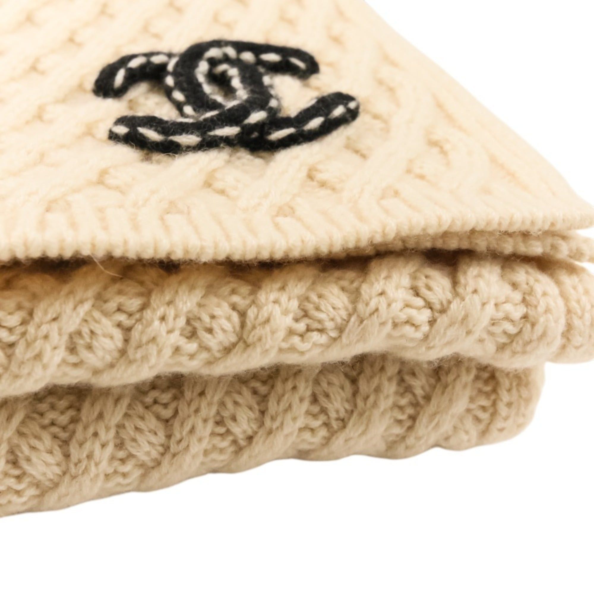 Chanel CHANEL Coco Mark Cashmere Cable Knit Scarf, Beige, Women's Size ONE SIZE - 6 Thumbnail
