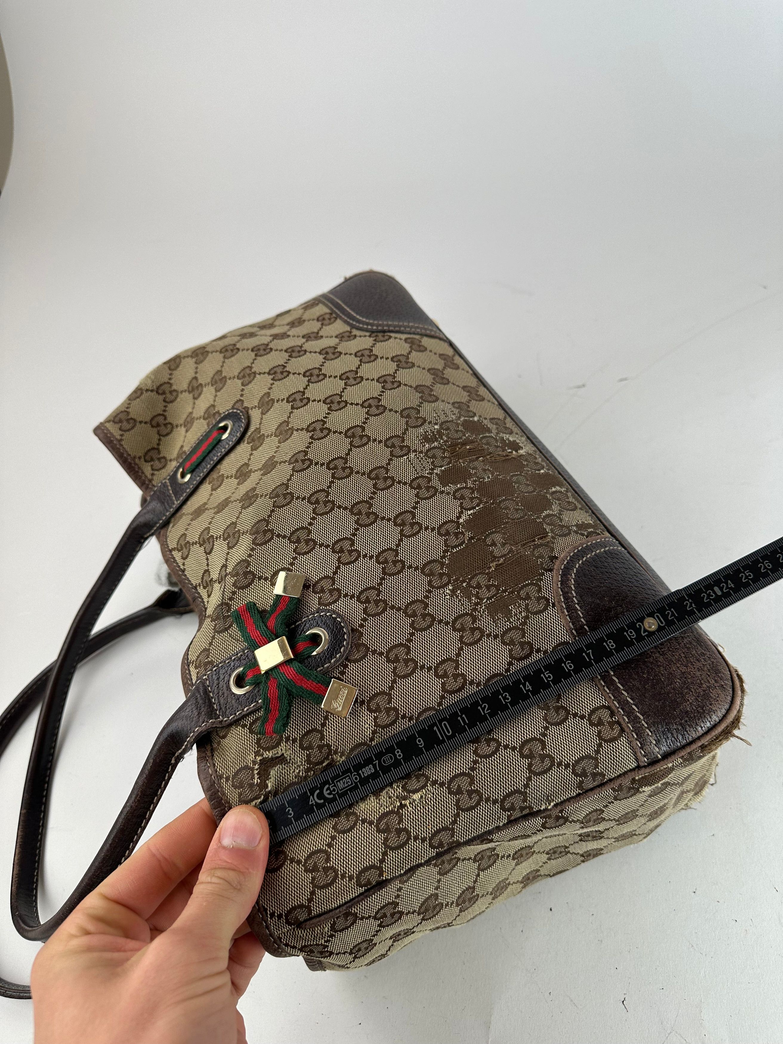 Gucci Vintage Monogram Canvas Leather Handbag Beige Brown (Copy) Size ONE SIZE - 11 Thumbnail