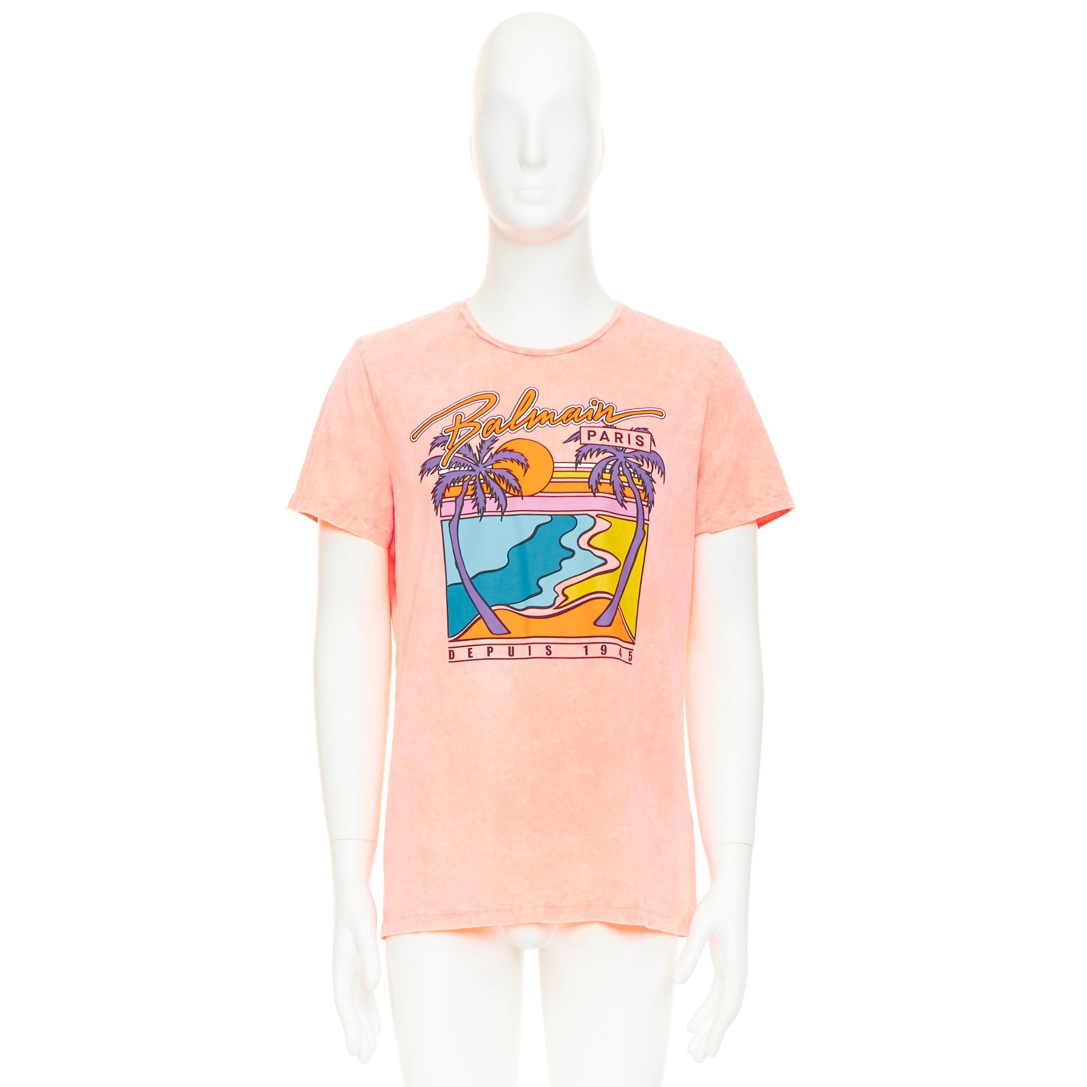 Balmain BALMAIN pink washed cotton jersey retro beach sunset graphic logo t-shirt L Size US L / EU 52-54 / 3 - 9 Thumbnail