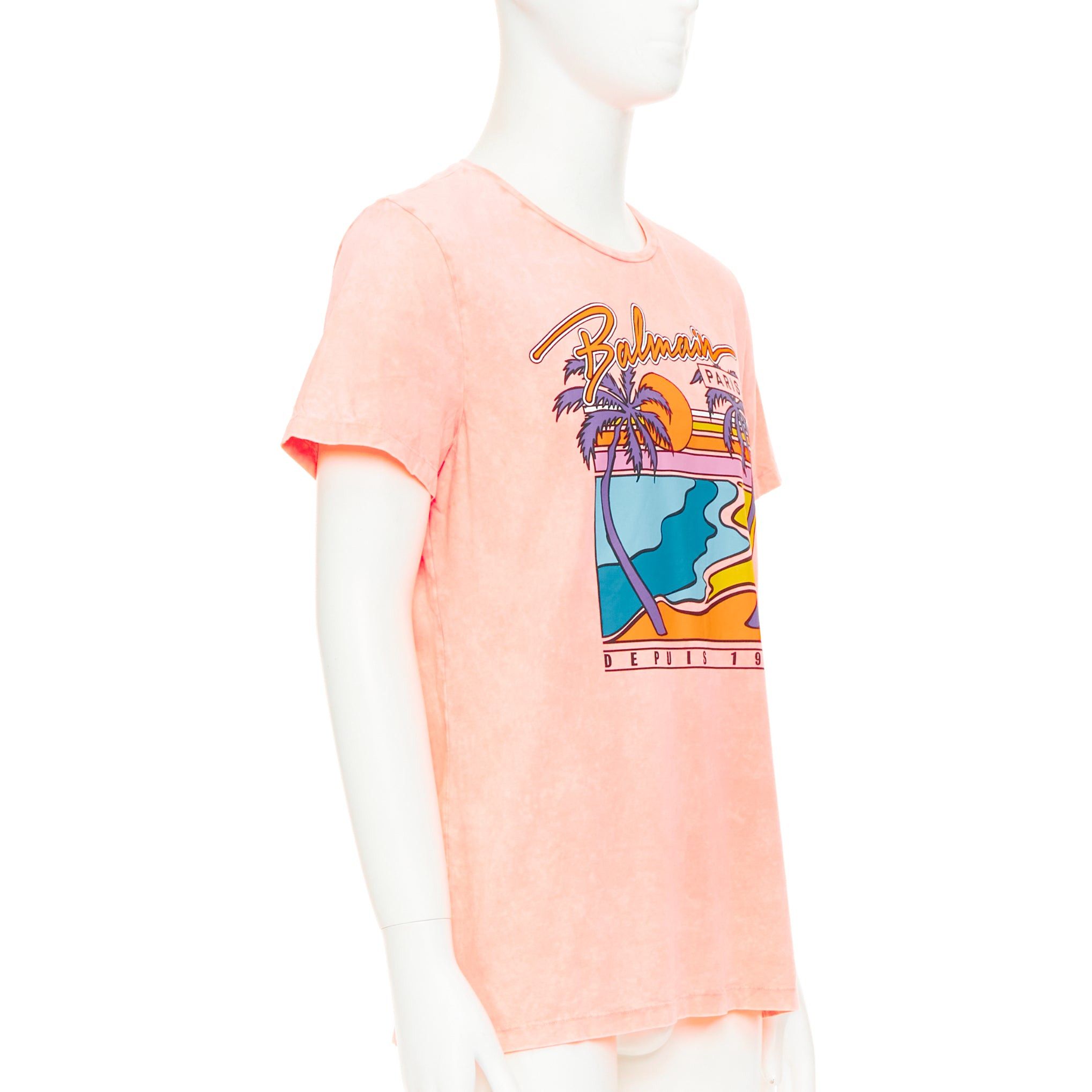 Balmain BALMAIN pink washed cotton jersey retro beach sunset graphic logo t-shirt L Size US L / EU 52-54 / 3 - 3 Thumbnail