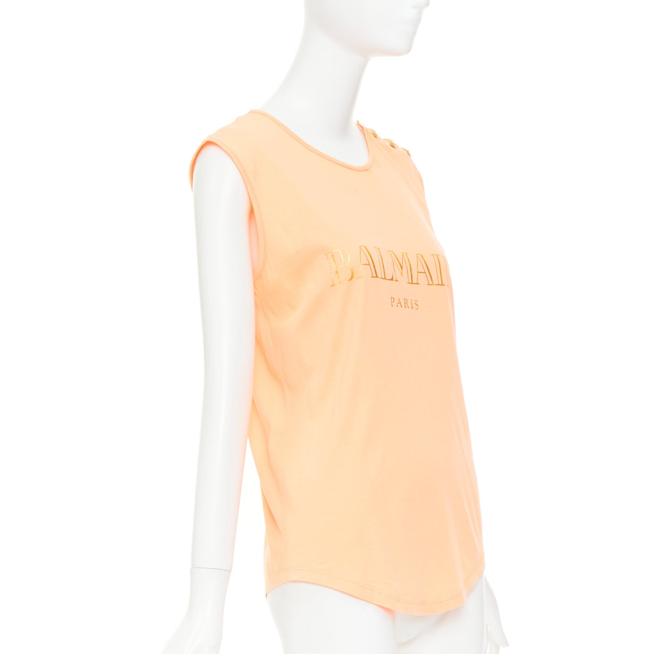 Balmain BALMAIN peach pink gold foil logo buttons shoulder sleeveless tshirt FR36 S Size S / US 4 / IT 40 - 3 Thumbnail