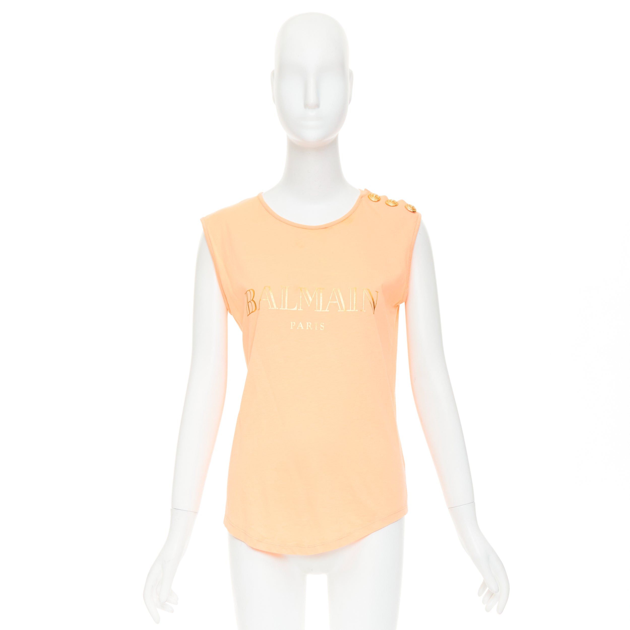 Balmain BALMAIN peach pink gold foil logo buttons shoulder sleeveless tshirt FR36 S Size S / US 4 / IT 40 - 10 Thumbnail
