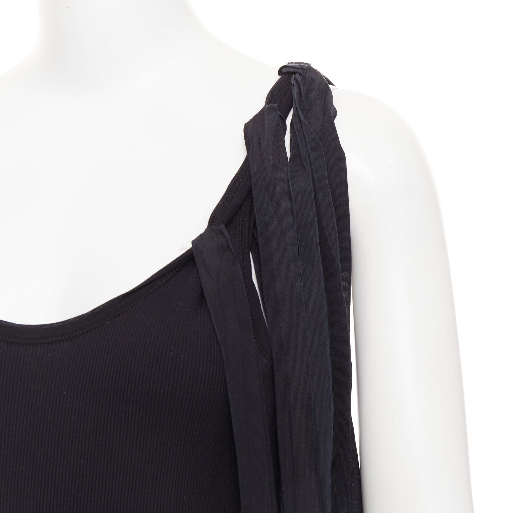 Dries Van Noten DRIES VAN NOTEN 2020 black ribbed cotton long ribbon shoulder tank top M Size M / US 6-8 / IT 42-44 - 2 Thumbnail