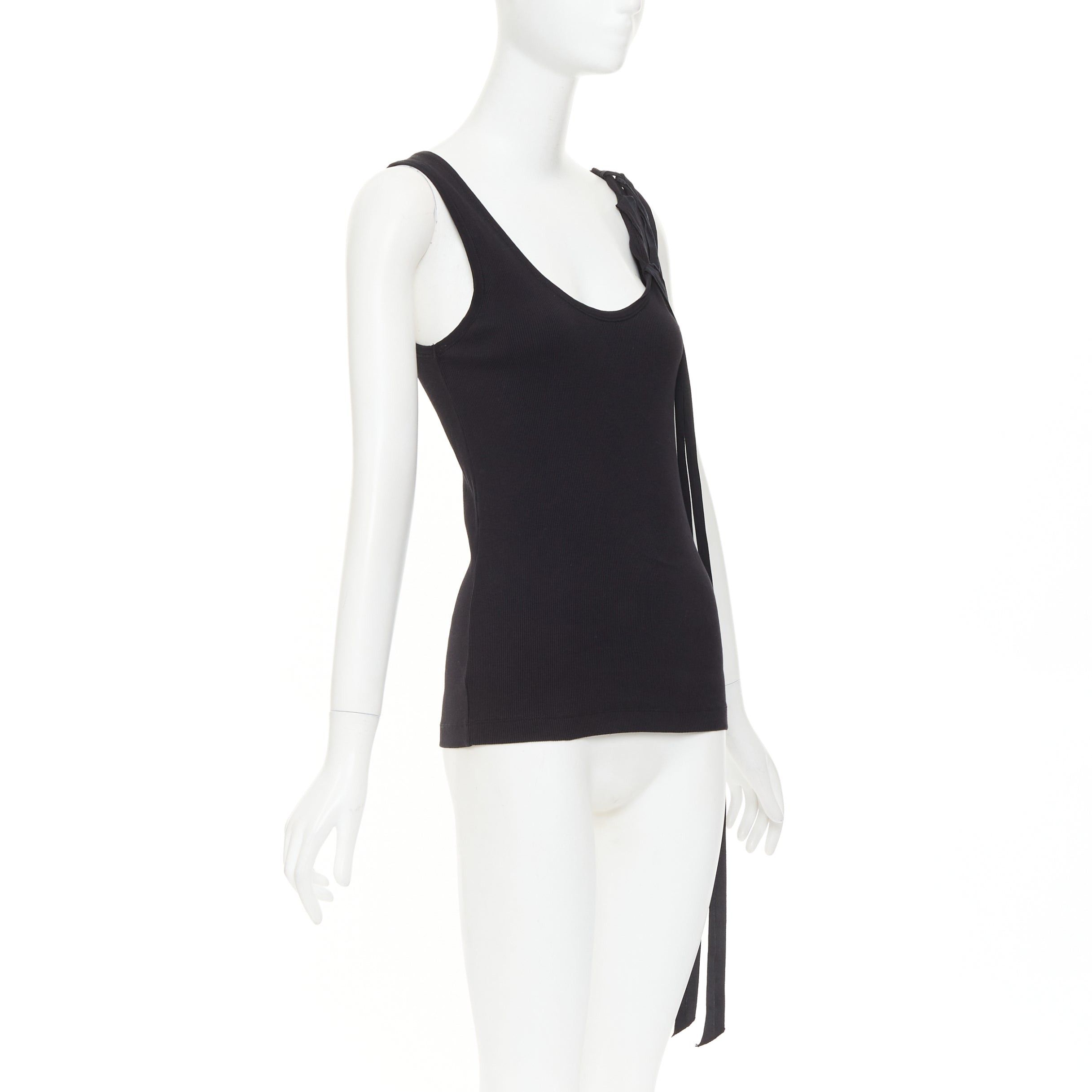 Dries Van Noten DRIES VAN NOTEN 2020 black ribbed cotton long ribbon shoulder tank top M Size M / US 6-8 / IT 42-44 - 3 Thumbnail