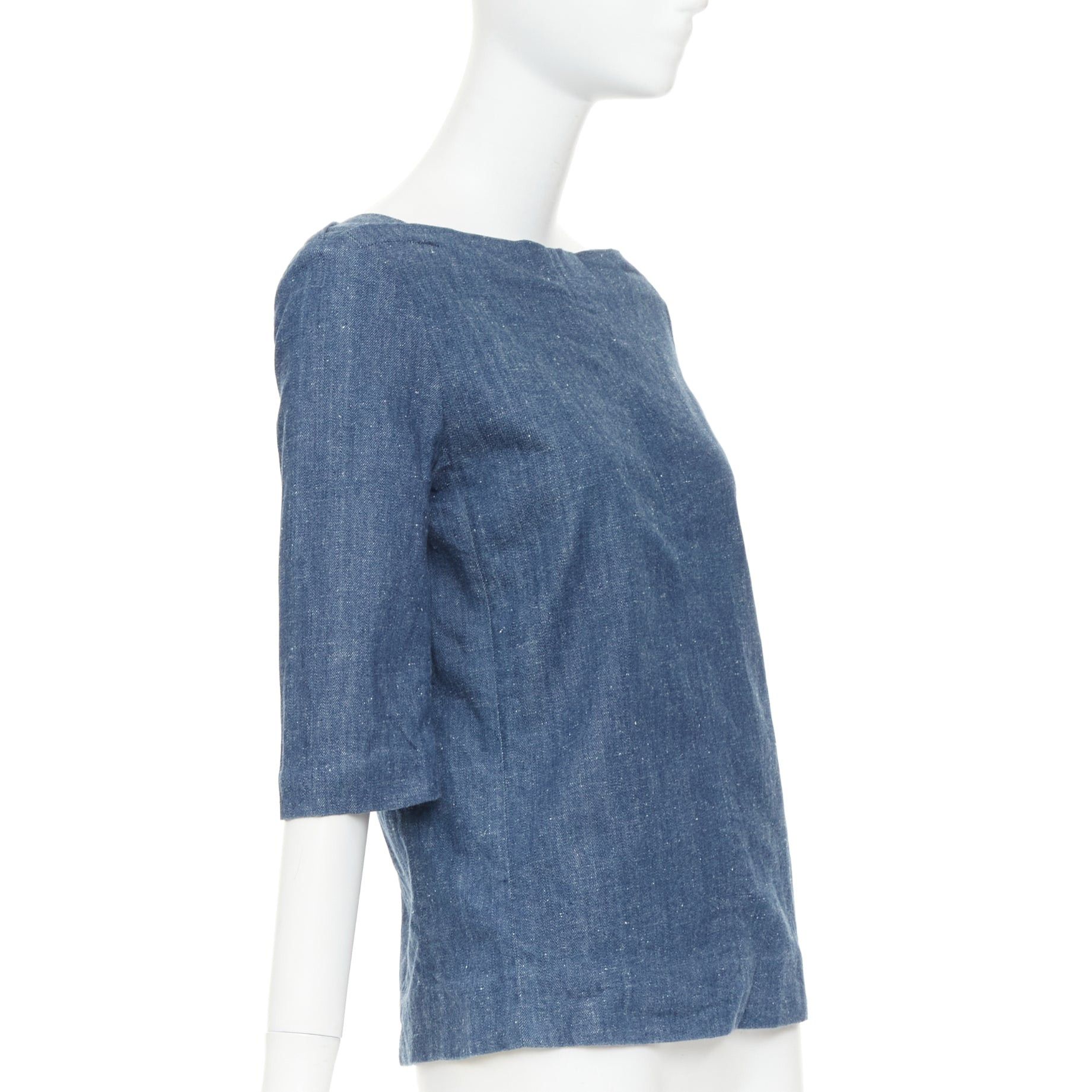 Celine OLD CELINE 2011 Phoebe Philo blue cotton denim bateau boat neck 3/4 sleeve top FR40 S Size M / US 6-8 / IT 42-44 - 3 Thumbnail