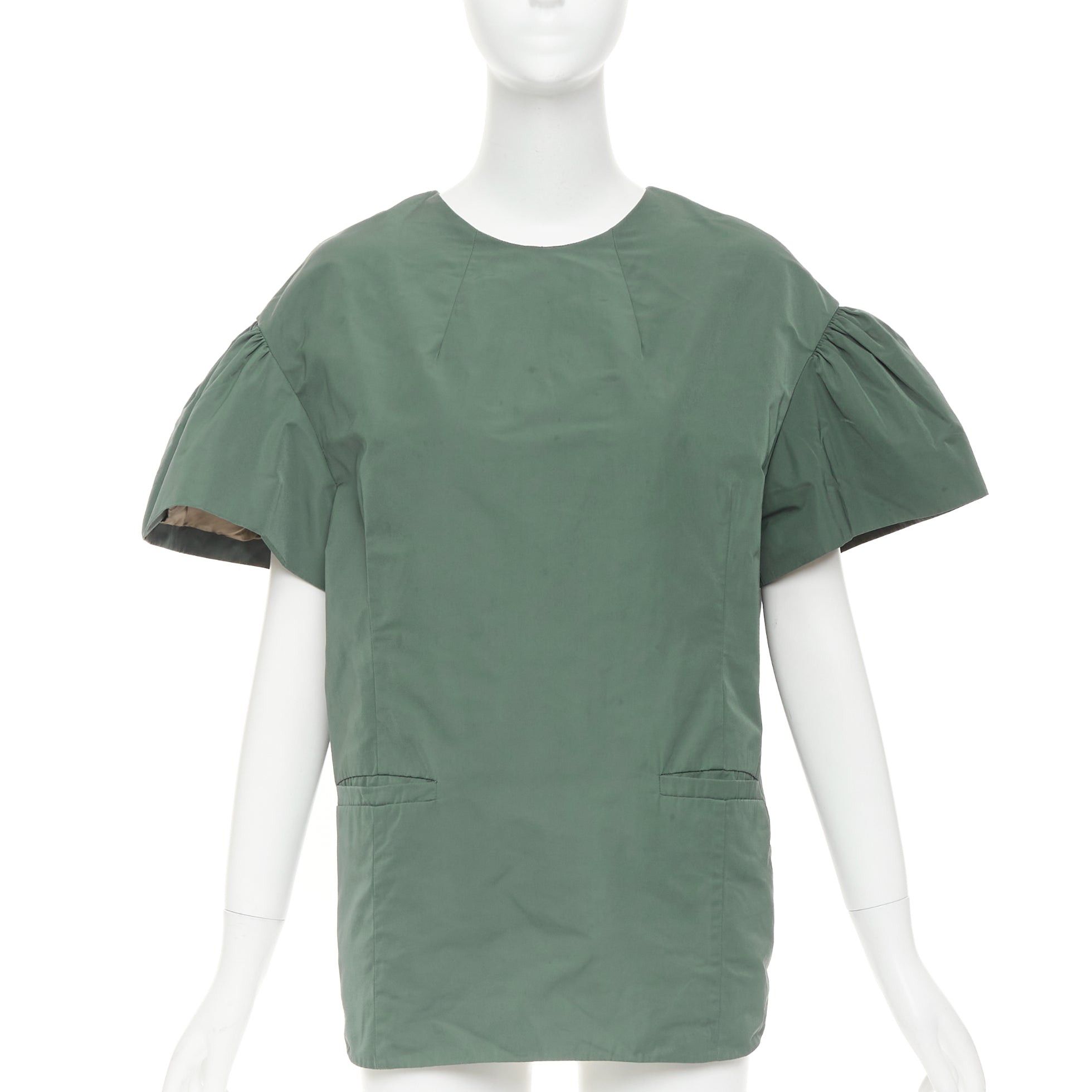 Dries Van Noten DRIES VAN NOTEN 2017 Runway green taffeta darted neck flutter sleeve boxy top FR36 S Size S / US 4 / IT 40 - 3 Thumbnail