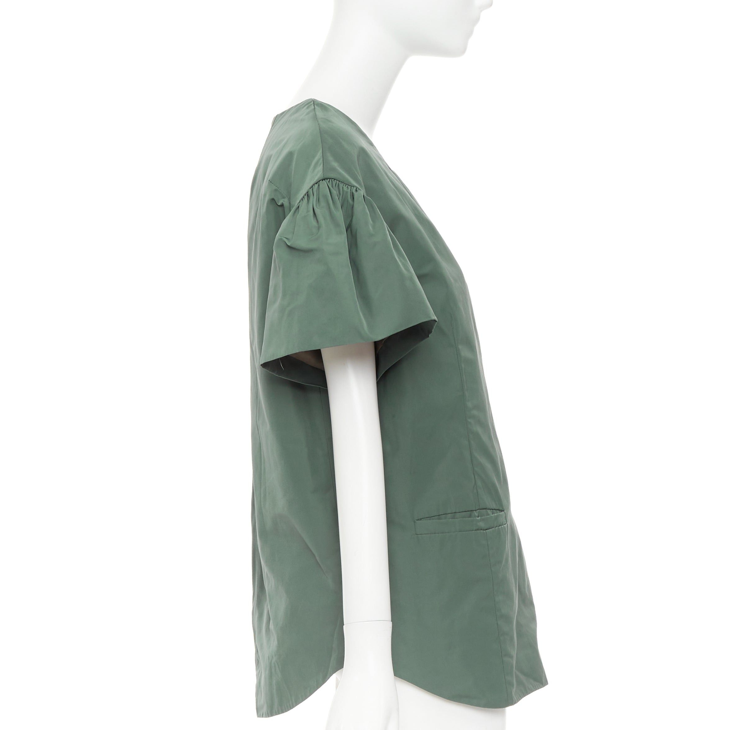 Dries Van Noten DRIES VAN NOTEN 2017 Runway green taffeta darted neck flutter sleeve boxy top FR36 S Size S / US 4 / IT 40 - 4 Thumbnail