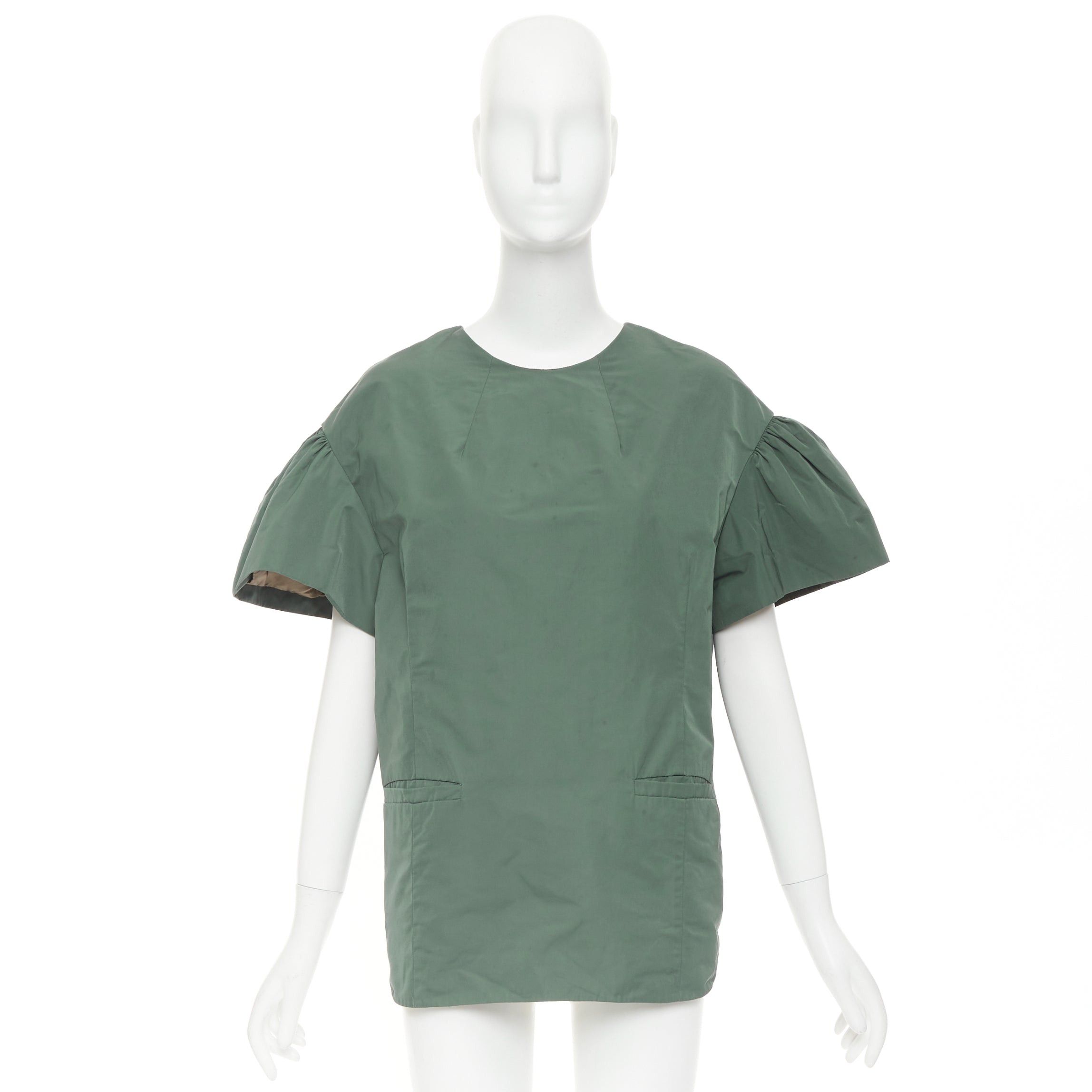 Dries Van Noten DRIES VAN NOTEN 2017 Runway green taffeta darted neck flutter sleeve boxy top FR36 S Size S / US 4 / IT 40 - 9 Thumbnail