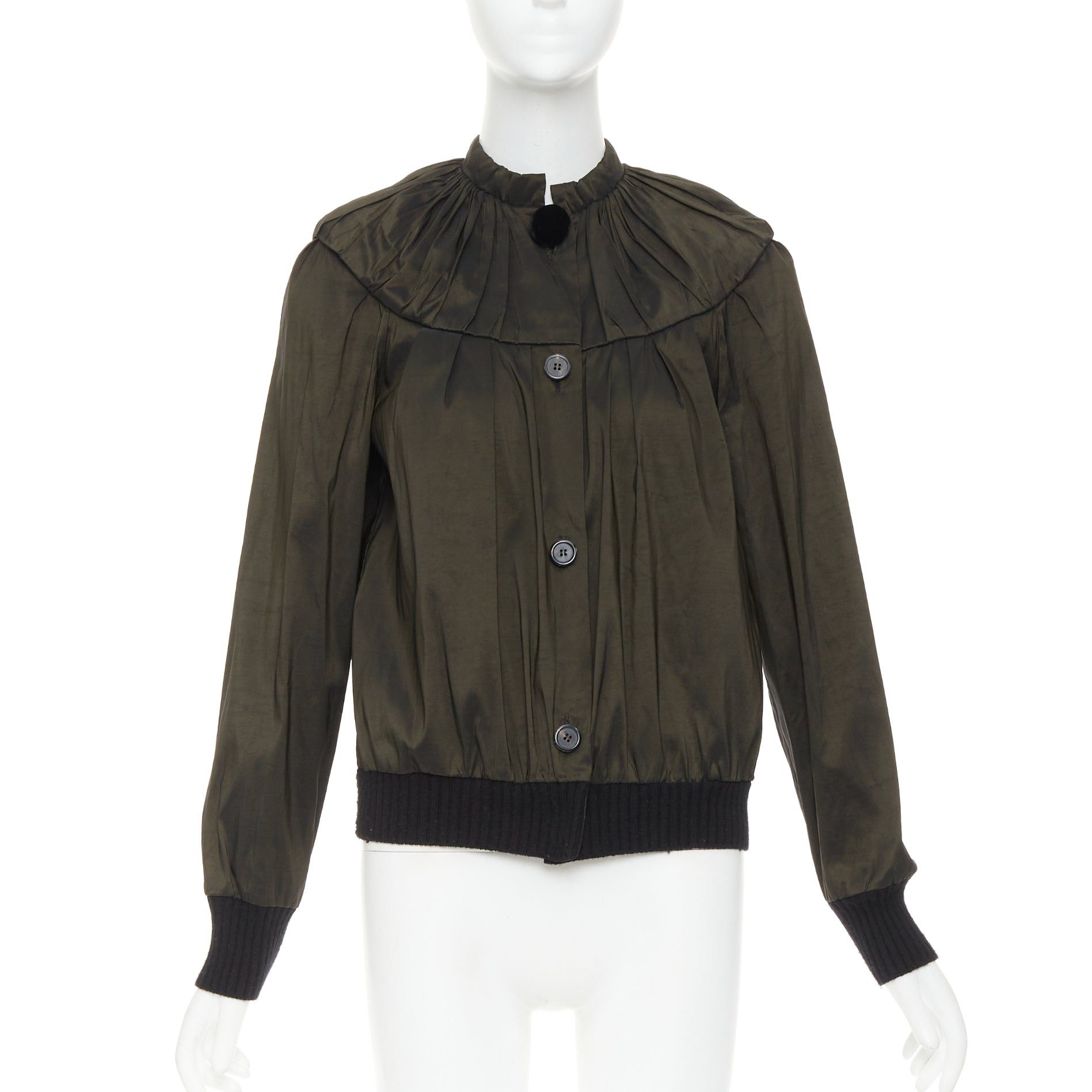 Lanvin LANVIN 2006 olive green silk blend ruched rib contrast blouse overshirt FR36 S Size S / US 4 / IT 40 - 3 Thumbnail