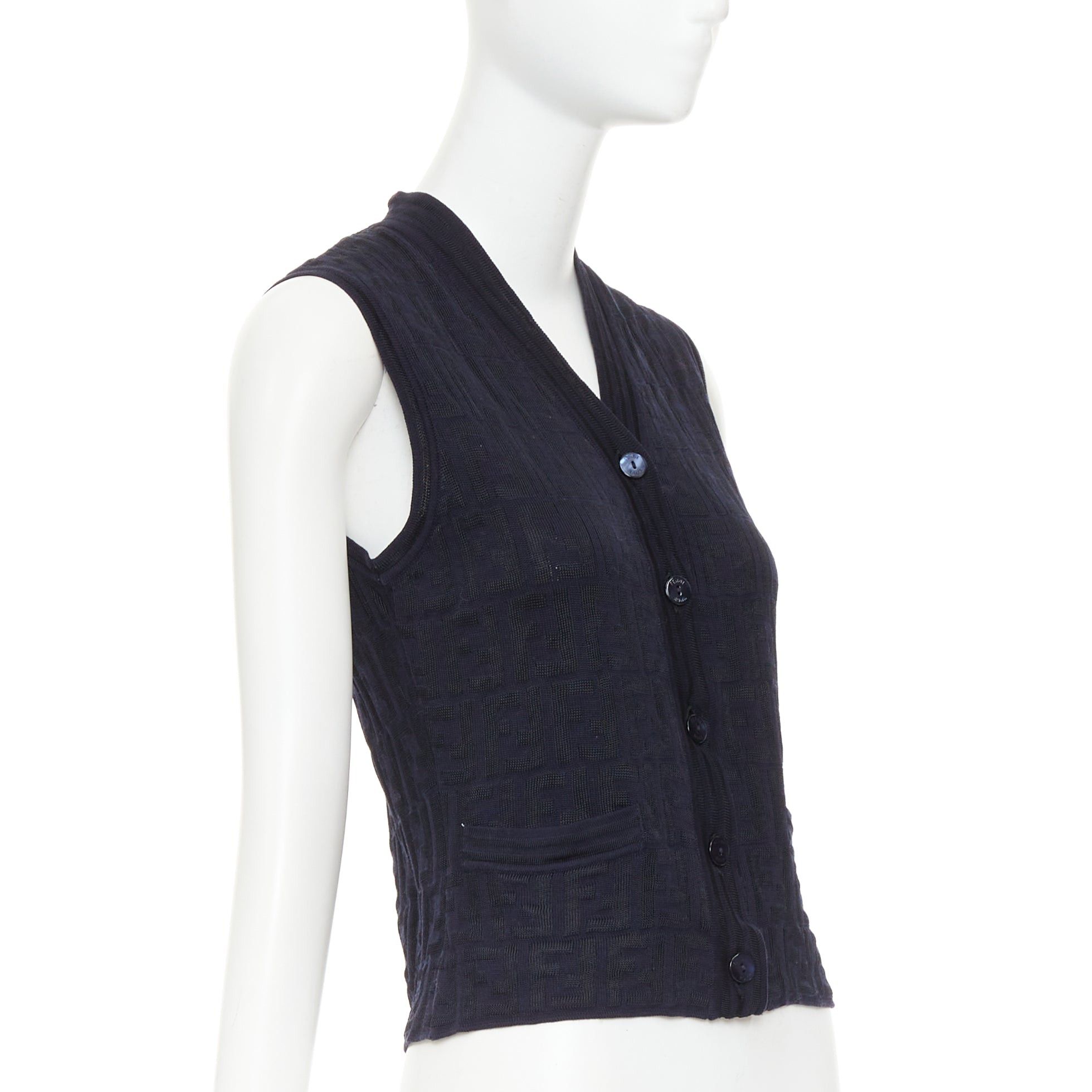 Fendi FENDI 1990s Maglia Vintage black navy FF Zucca monogram shell button knit vest top IT40 S Size S / US 4 / IT 40 - 3 Thumbnail