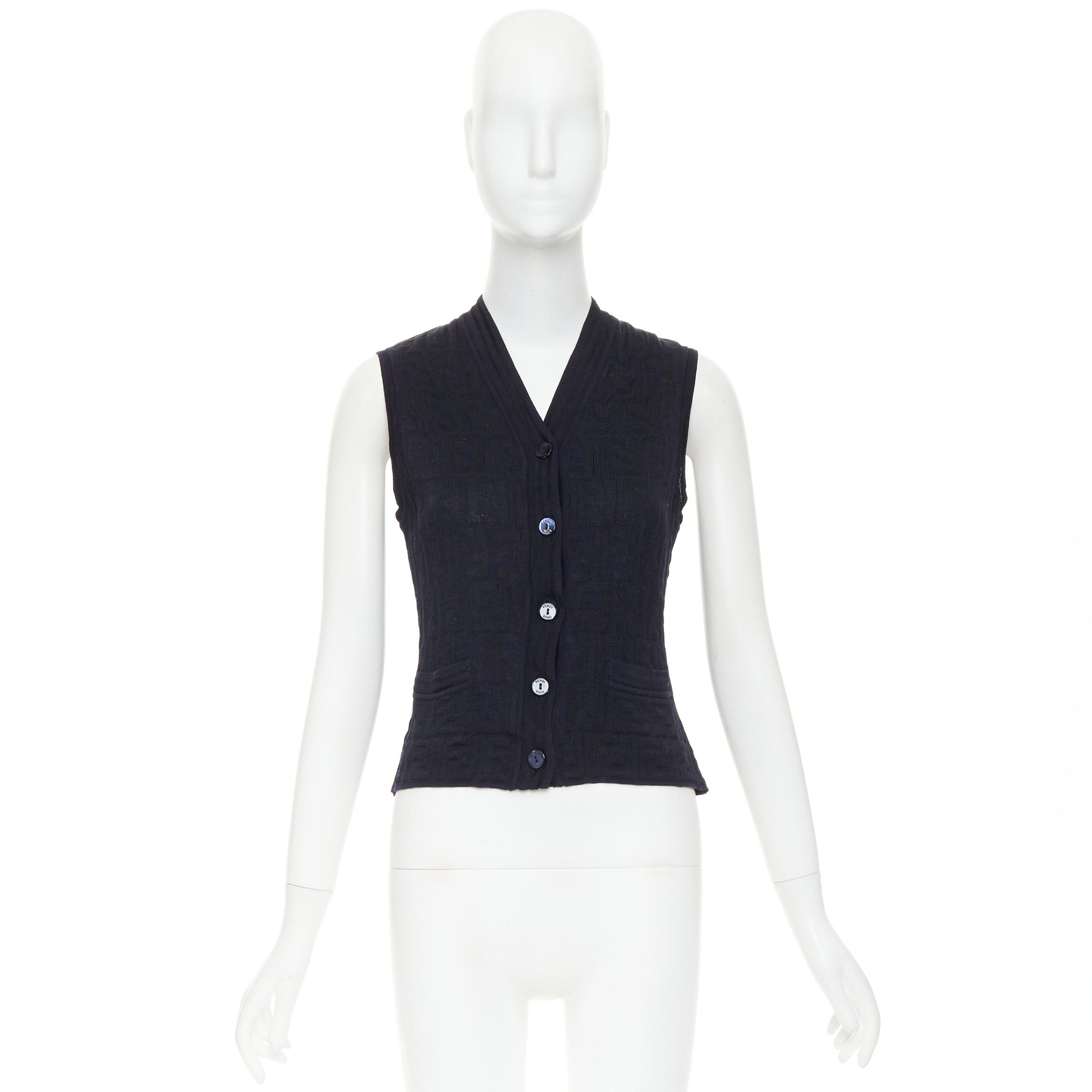 Fendi FENDI 1990s Maglia Vintage black navy FF Zucca monogram shell button knit vest top IT40 S Size S / US 4 / IT 40 - 9 Thumbnail