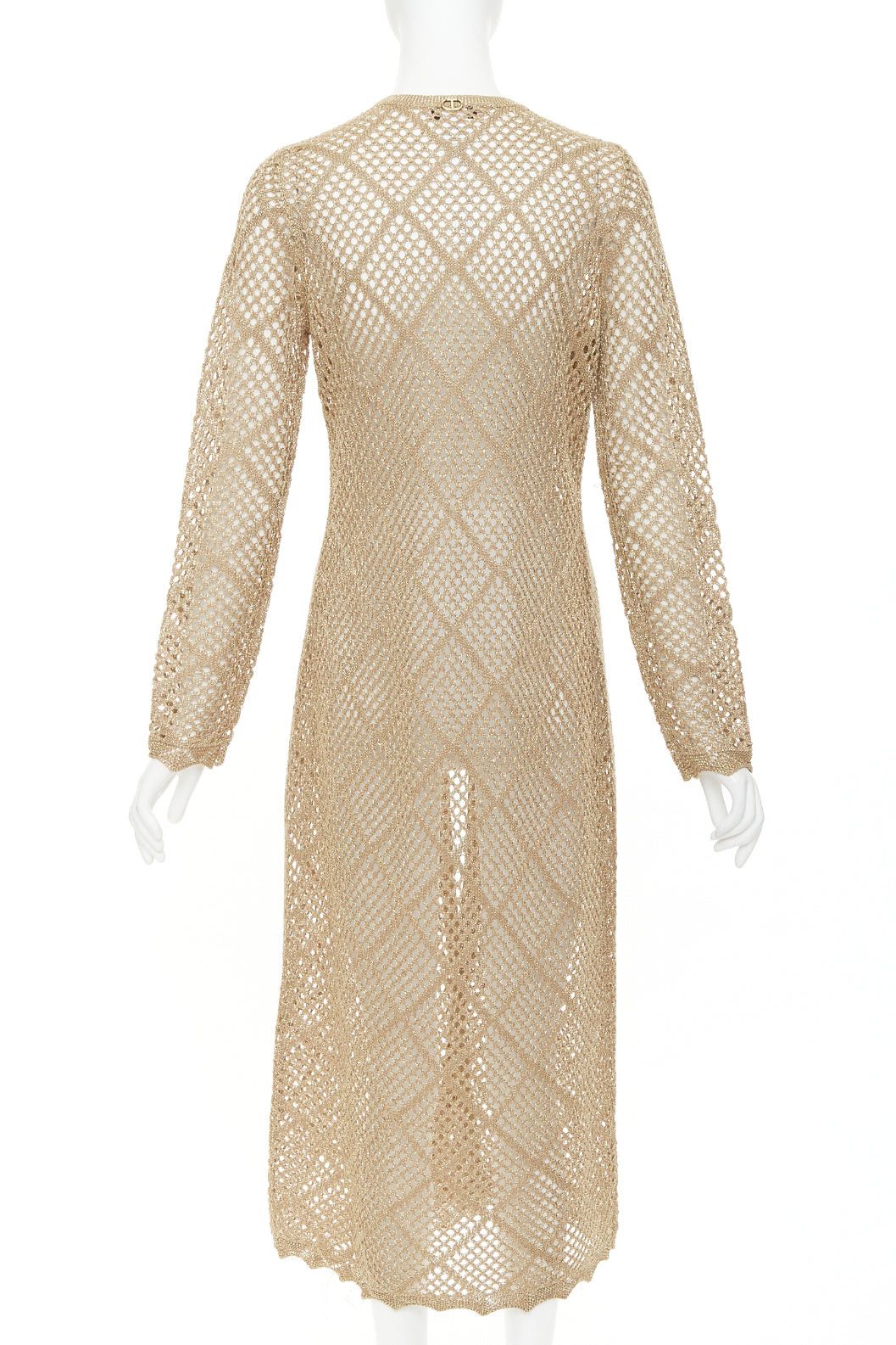 TWINSET TWINSET 2024 metallic gold lurex mesh diamond open knit lace trim long cardigan M Size M / US 6-8 / IT 42-44 - 6 Thumbnail